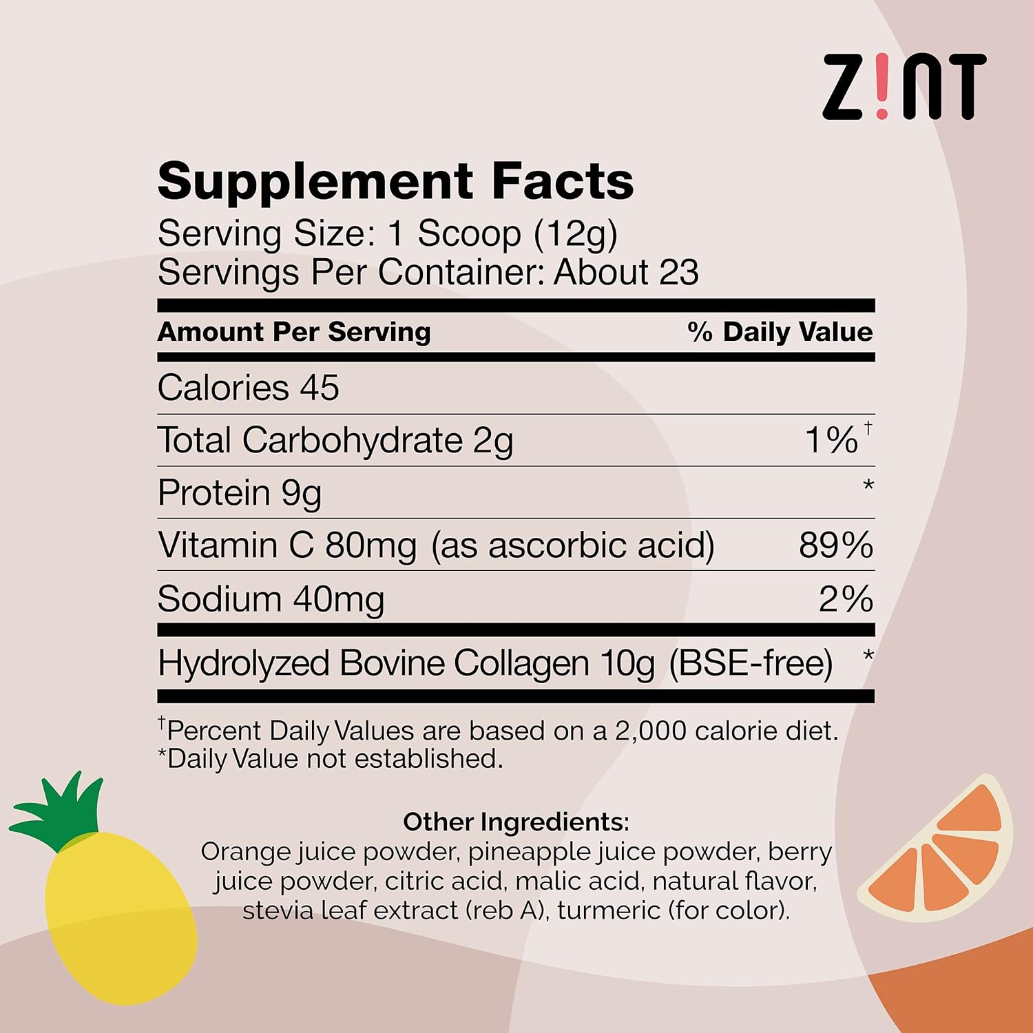 Zint Mezcla de bebida de belleza en polvo de colágeno dulce (piña orangeade) delicioso suplemento proteico de péptidos de colágeno hidrolizados,