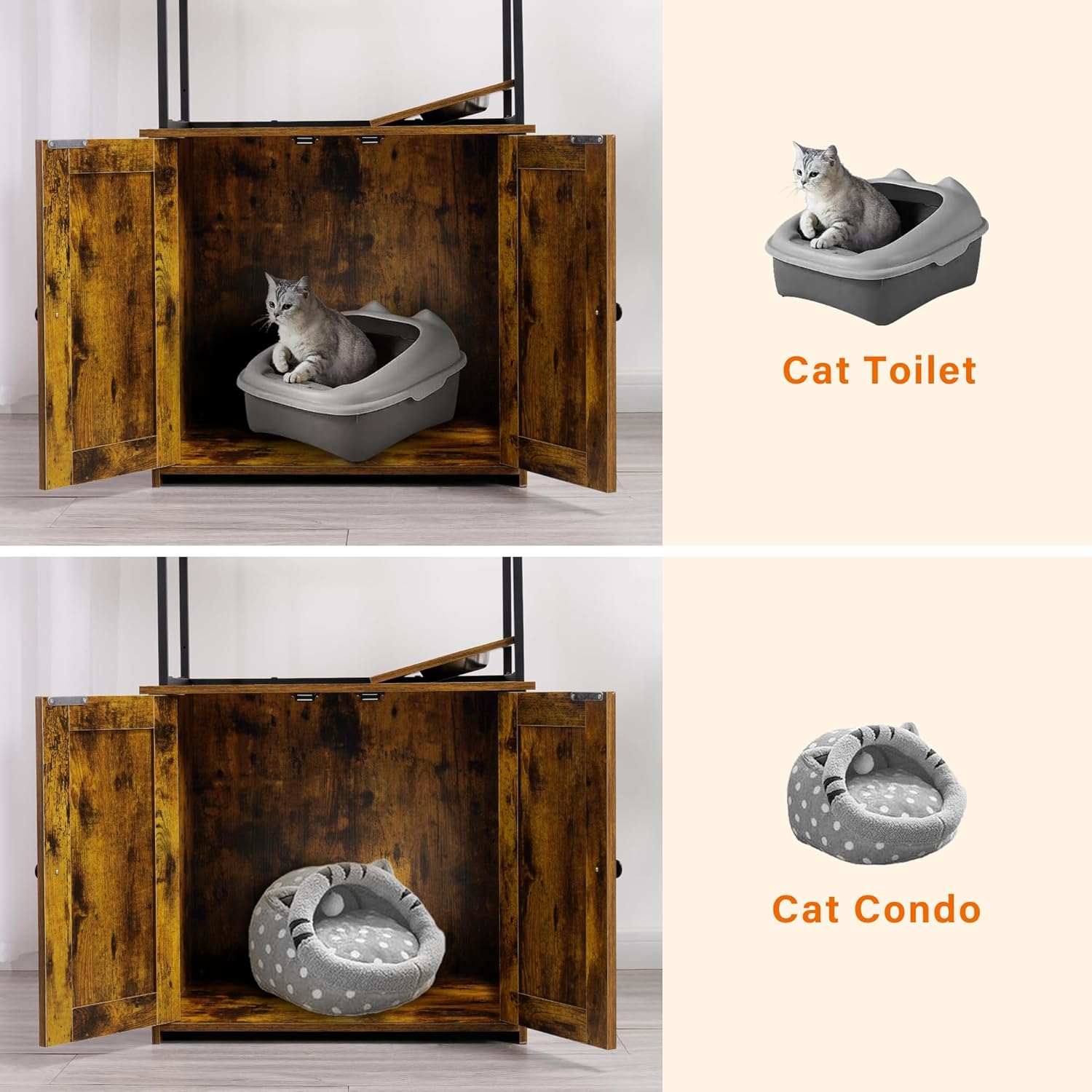 DWANTON Árbol para gatos con caja de arena, torre para gatos moderna todo en uno con condominio, hamaca, estación de alimentos, alfombrilla para