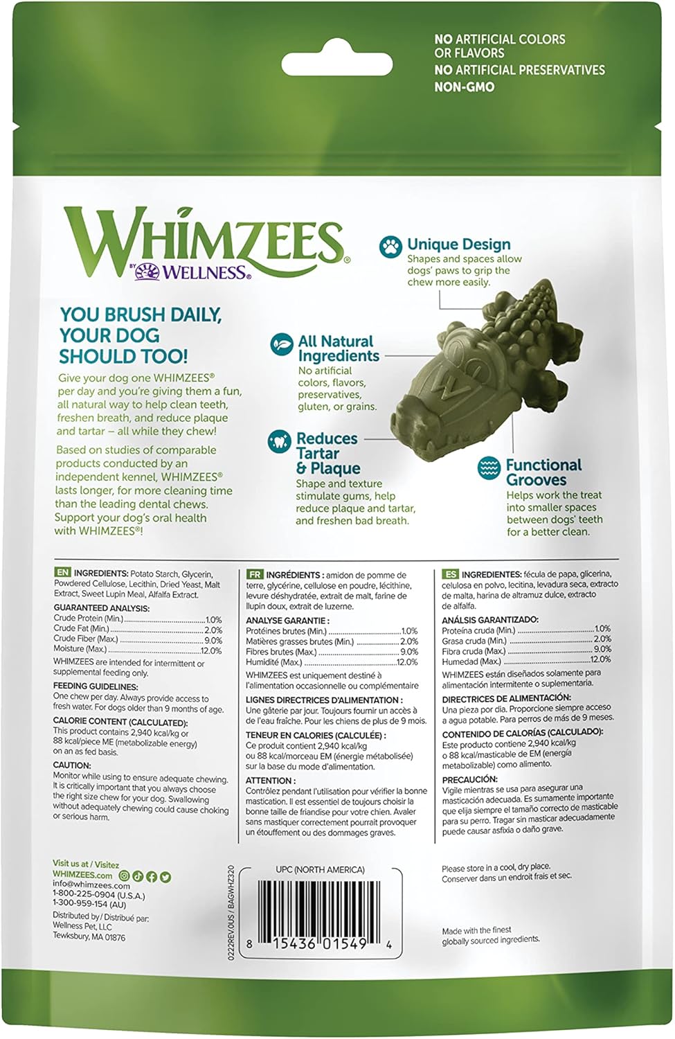 WHIMZEES by Wellness Alligator – Masticables dentales naturales para perros, golosinas de larga duración, sin granos, refresca el aliento, raza