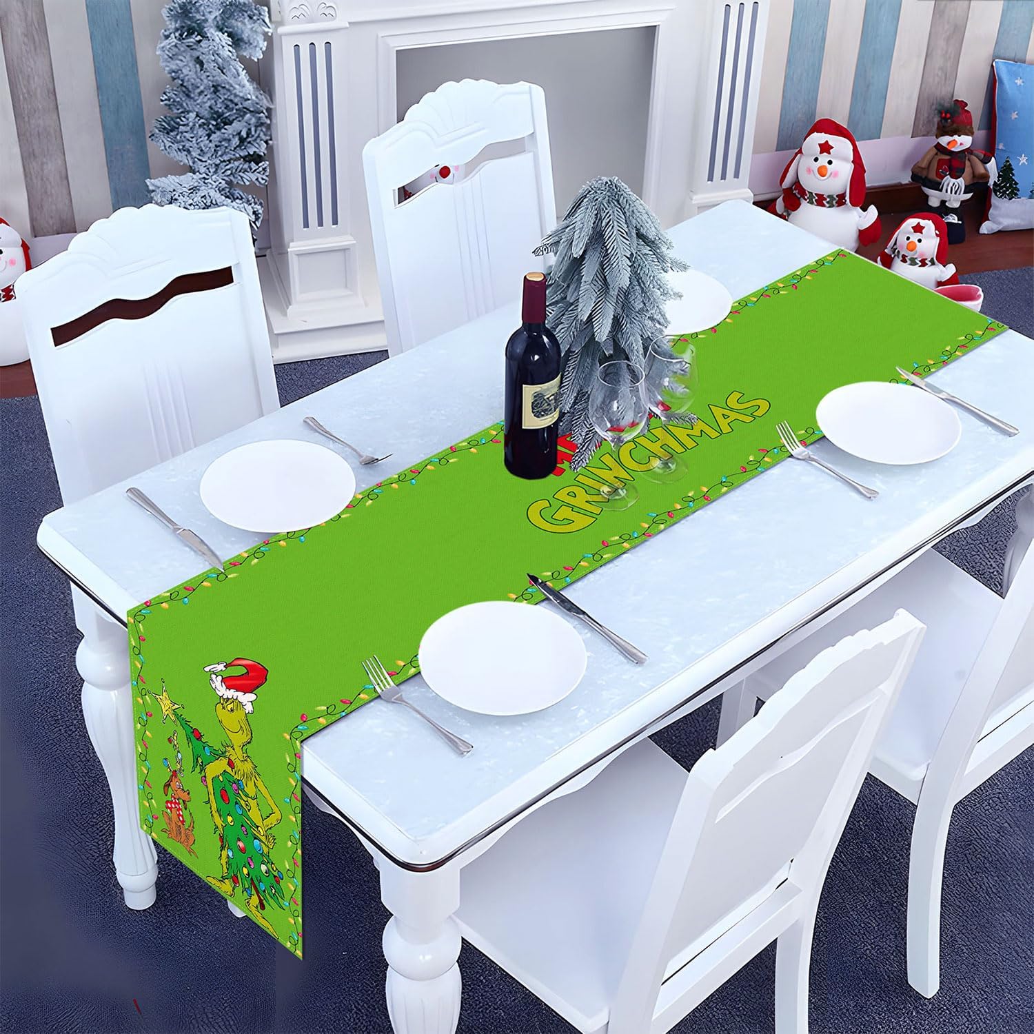 Camino de mesa Grinchmas Merry Christmas Whoville para fiestas de invierno, cocina, chimenea, comedor, decoración del hogar (verde, 13 x 90 pulgadas)