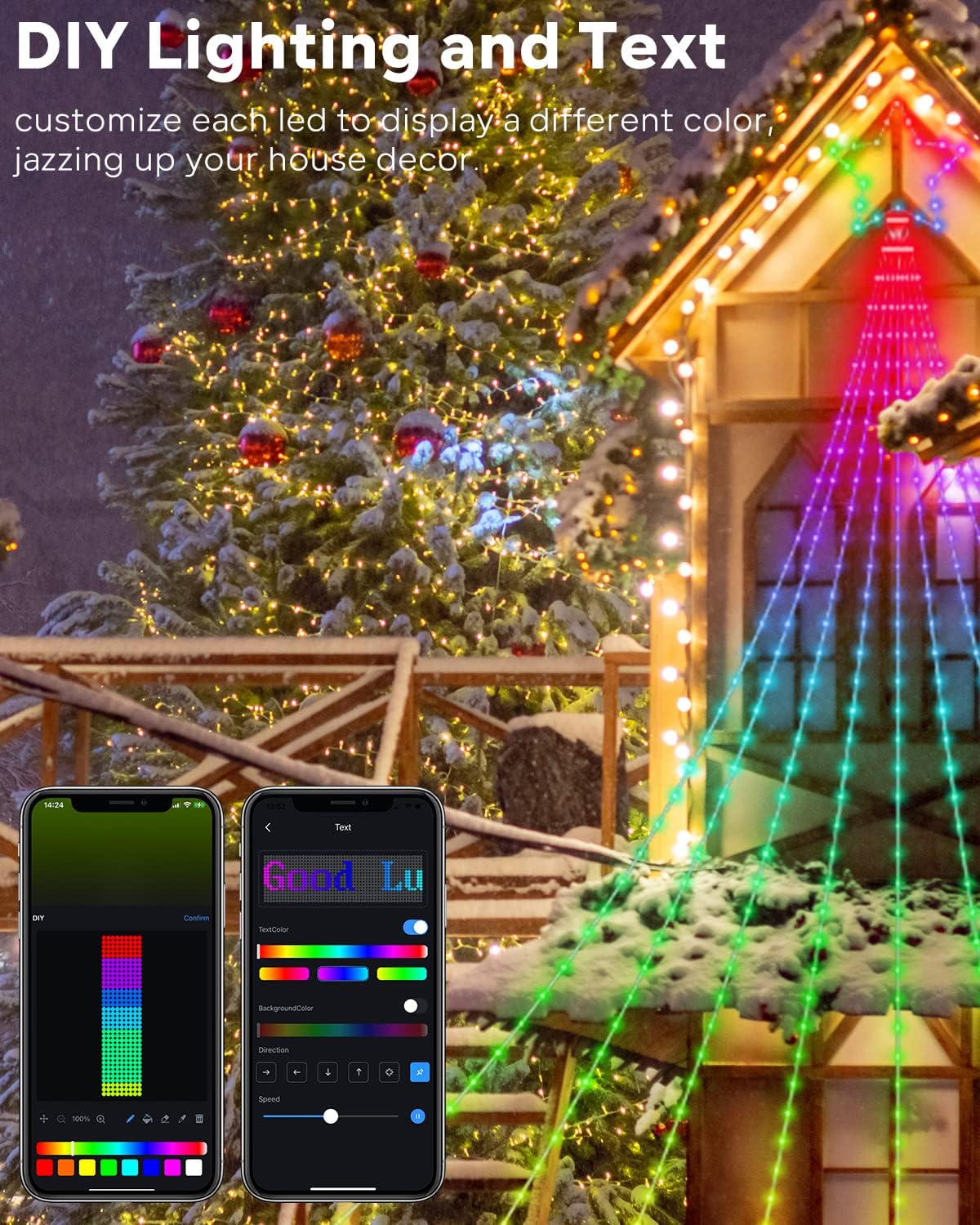 Luces de decoración de árbol de patio al aire libre, pantalla personalizada inteligente de 11.8 pies, 64 modos, cascada de patio, árbol de Navidad,
