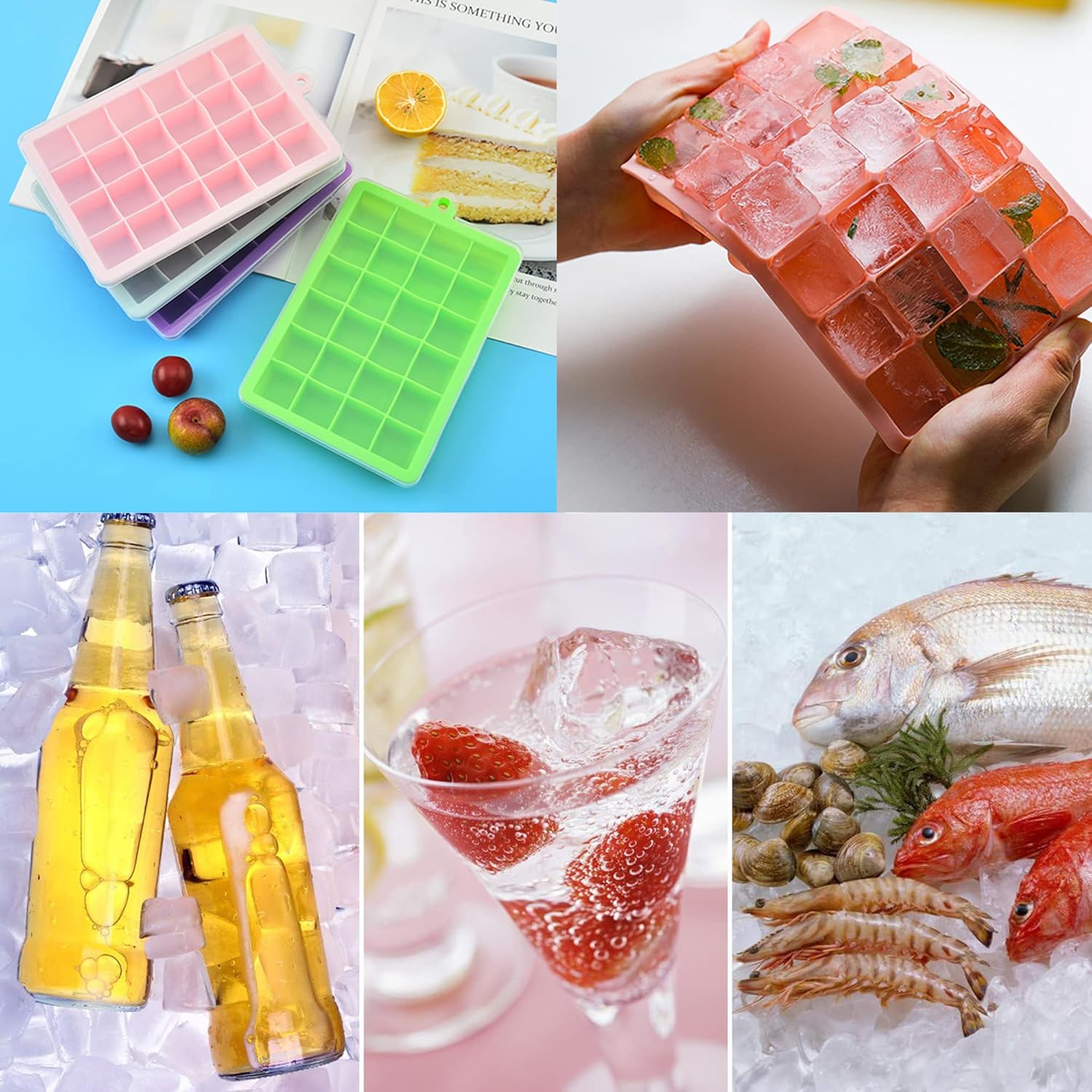 Bandejas para cubitos de hielo, paquete de 4 bandejas de hielo de silicona flexible con tapa extraíble, bandeja de 24 cubos de fácil liberación para