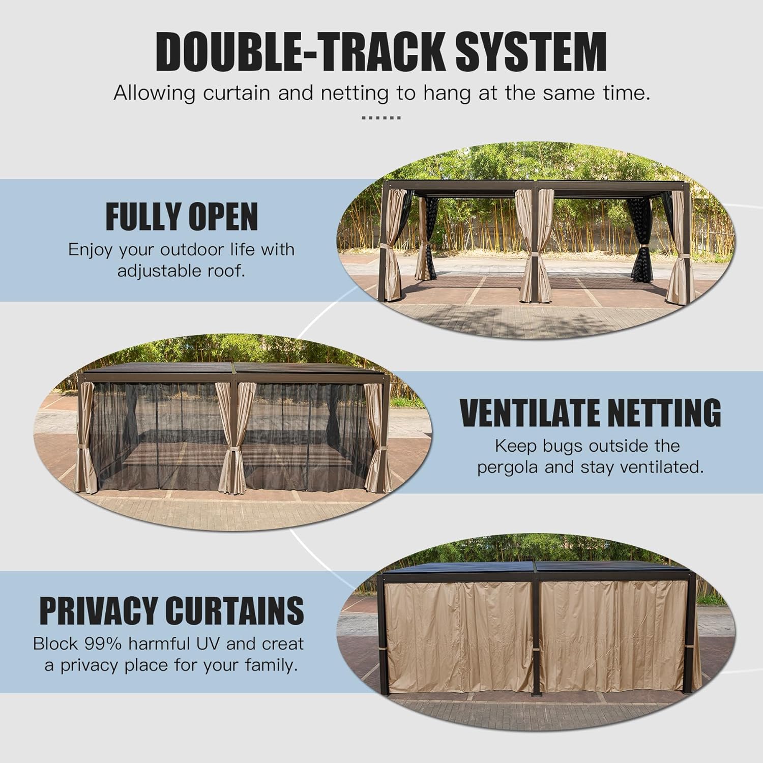 Domi Outdoor Living Gazebo de aluminio con listones para exteriores, 12 x 20 pies, con techo ajustable para patio trasero, jardín con cortinas y red