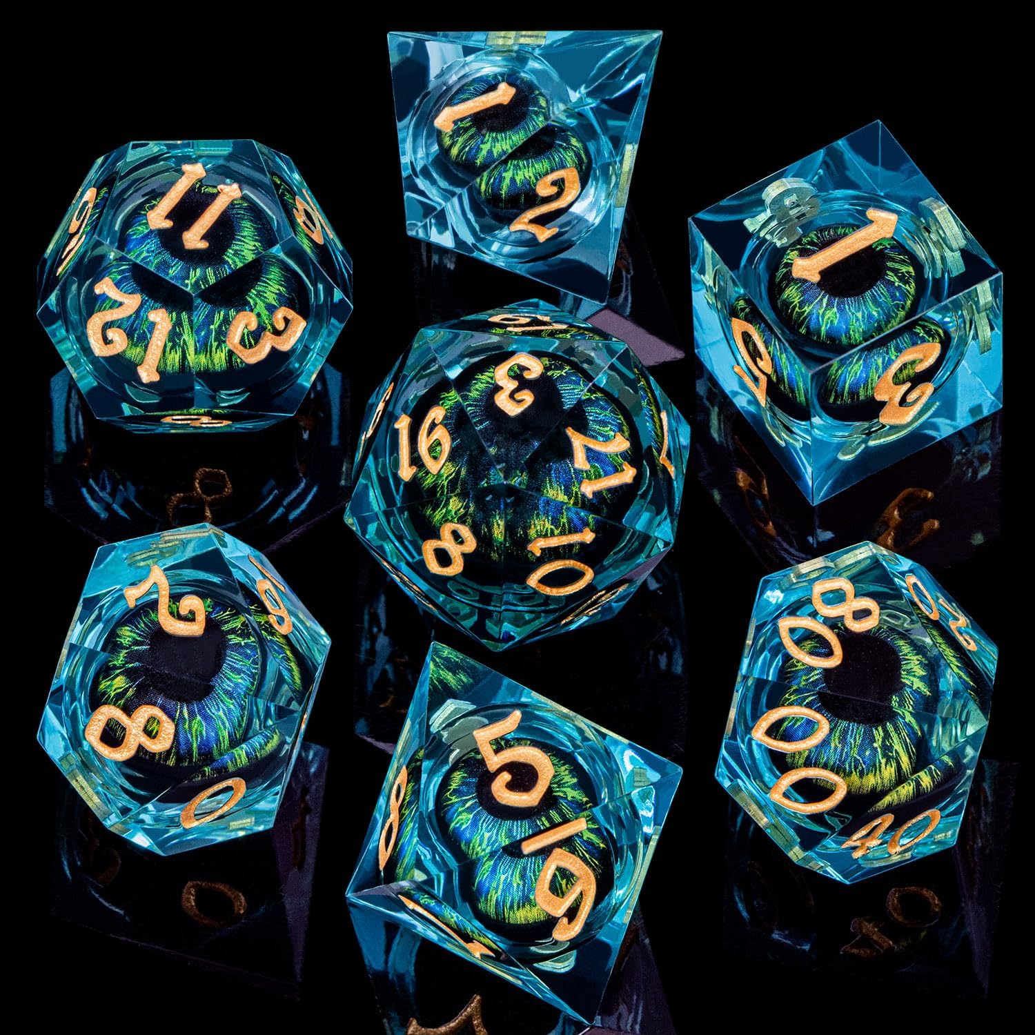 ARUOHHA DND – Juego de dados de ojo de dragón con núcleo líquido, resina azul, bordes afilados, con caja de regalo, dados poliédricos de Calabozos y