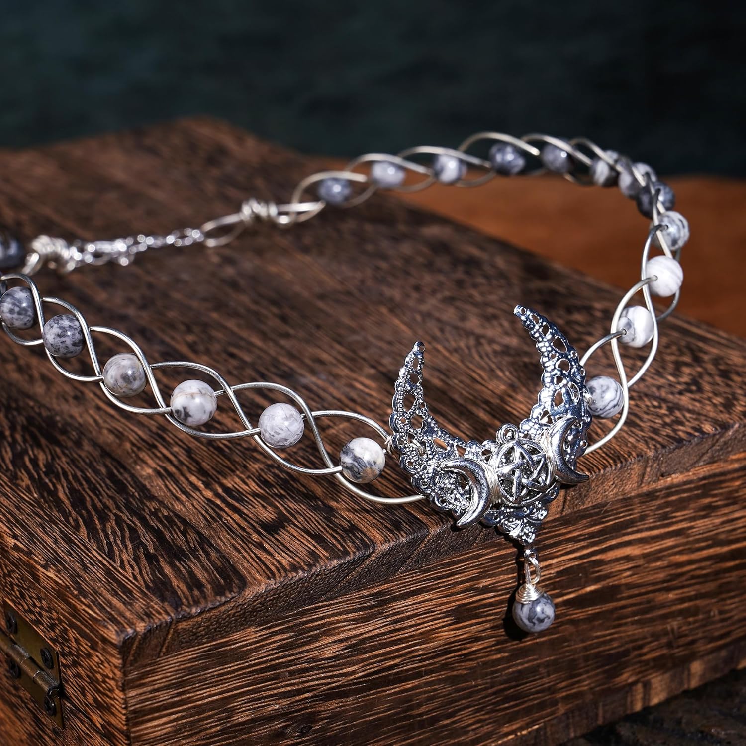 CoTeeZa Circlet Headpiece Viking Celtic Silver Fairy Crown Handmade Medieval Moon Headband Tiara Crystal Braided Cosplay Wreath Costume Hair
