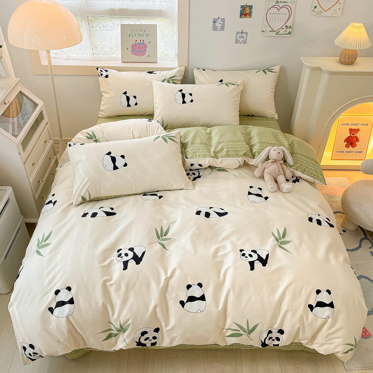 BlueBlue Panda – Juego de funda de edredón para niños, tamaño individual, 100% algodón, para niños, niñas, adolescentes, dibujos animados, panda