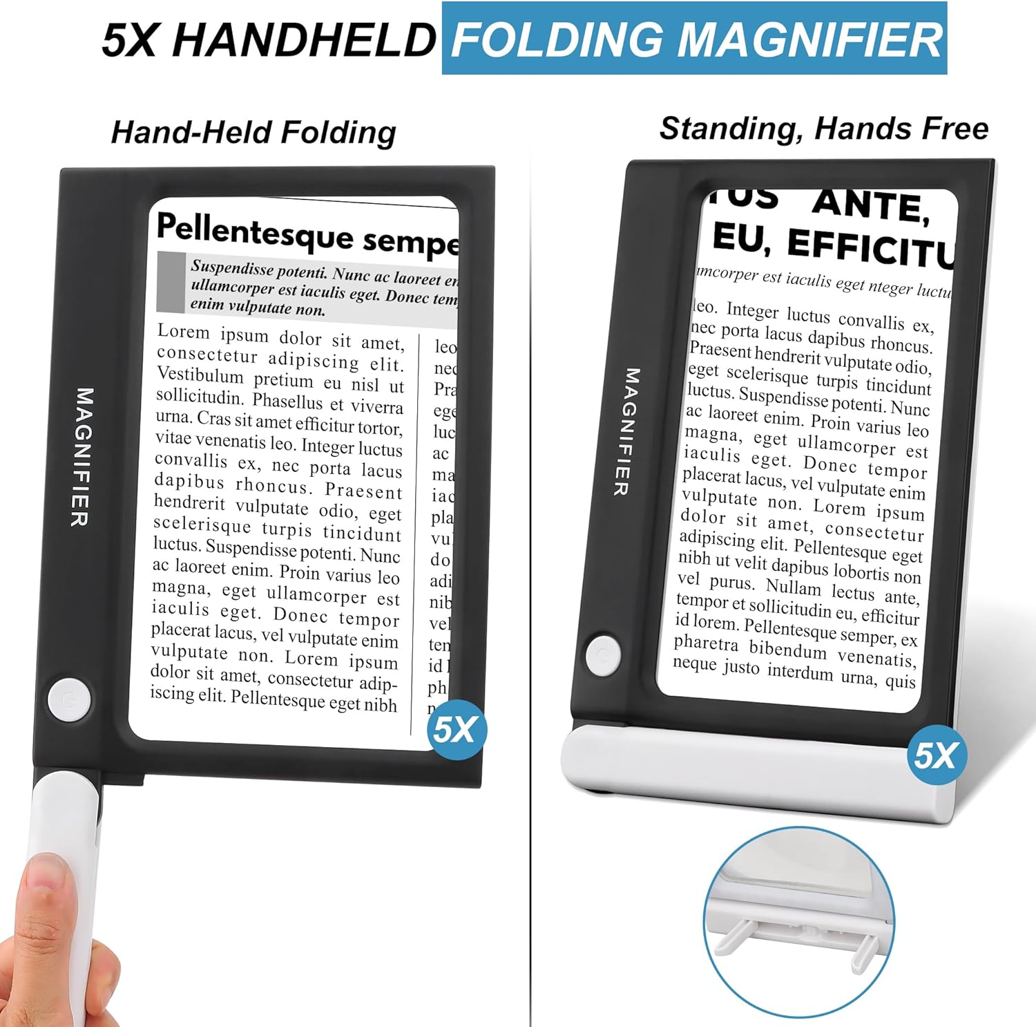 Lupa con luz, plegable de mano 5X grande rectangular iluminado lupa con LED regulable para degeneración macular personas mayores leyendo periódicos,