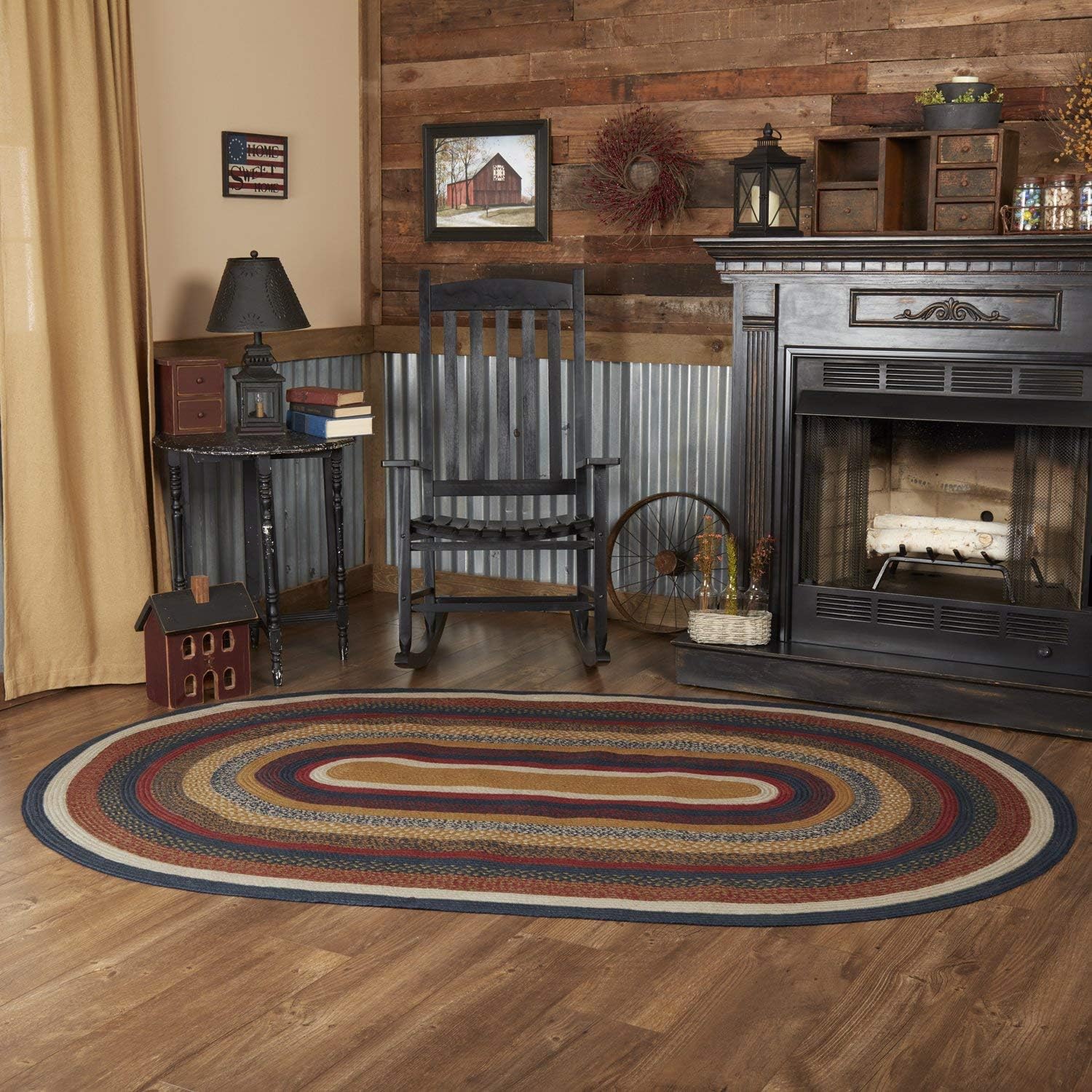 VHC Brands Stratton Primitive – Alfombra decorativa ovalada a rayas azules de yute con almohadilla para el suelo, 60 x 96 pulgadas