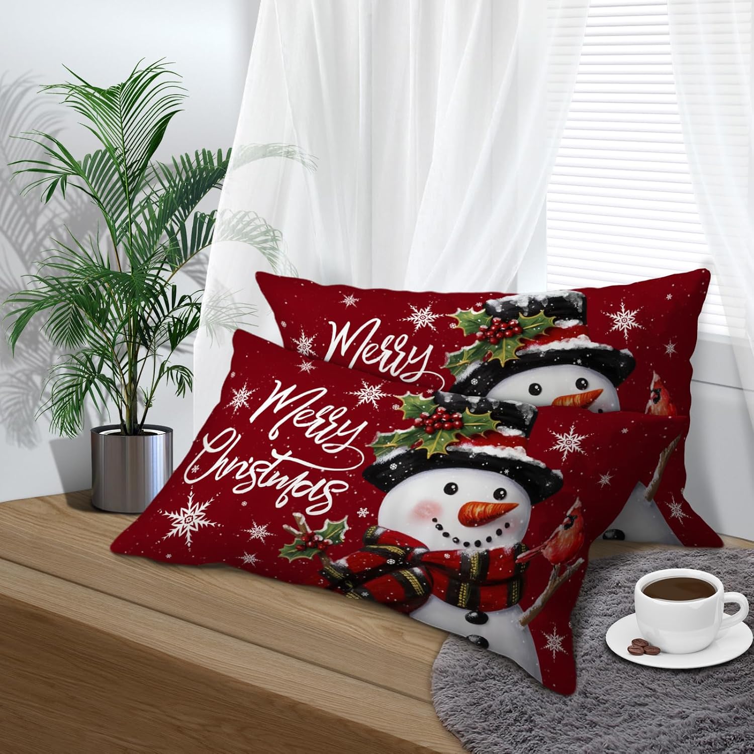 Juego de 2 fundas de almohada de Navidad con diseño de muñeco de nieve de invierno, fundas de almohada de algodón, fundas de almohada decorativas