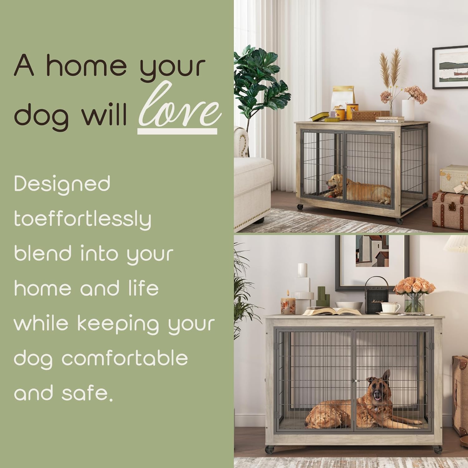 Dossmbola Muebles de jaula para perros, mesa auxiliar de jaula para perros de 43.7 pulgadas, perrera con 3 puertas, apertura superior abatible y