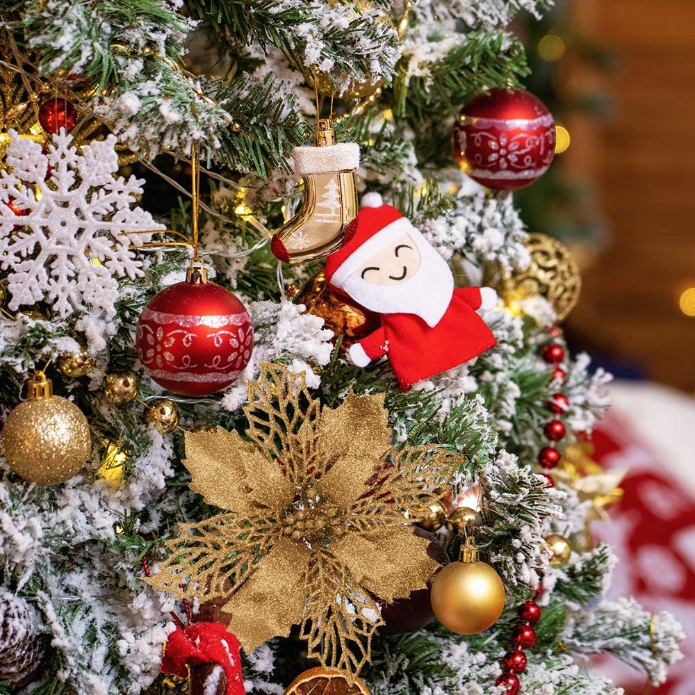 24 piezas de flores de Pascua artificiales de hojas de acebo de malla dorada con purpurina de Navidad, adornos de árbol de 5.9 pulgadas de ancho