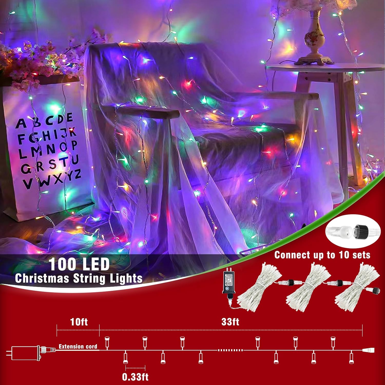 100 luces LED de Navidad de 33 pies para exteriores, 8 modos, tira de luces de Navidad con cable transparente con memoria de tiempo, tira de luces