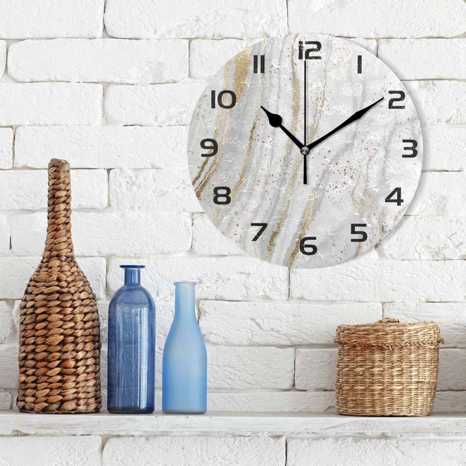 Reloj de pared de mármol oro rosa de 10 pulgadas, silencioso, sin tictac, de cuarzo, funciona con pilas, redondo, digital, fácil de leer, para el