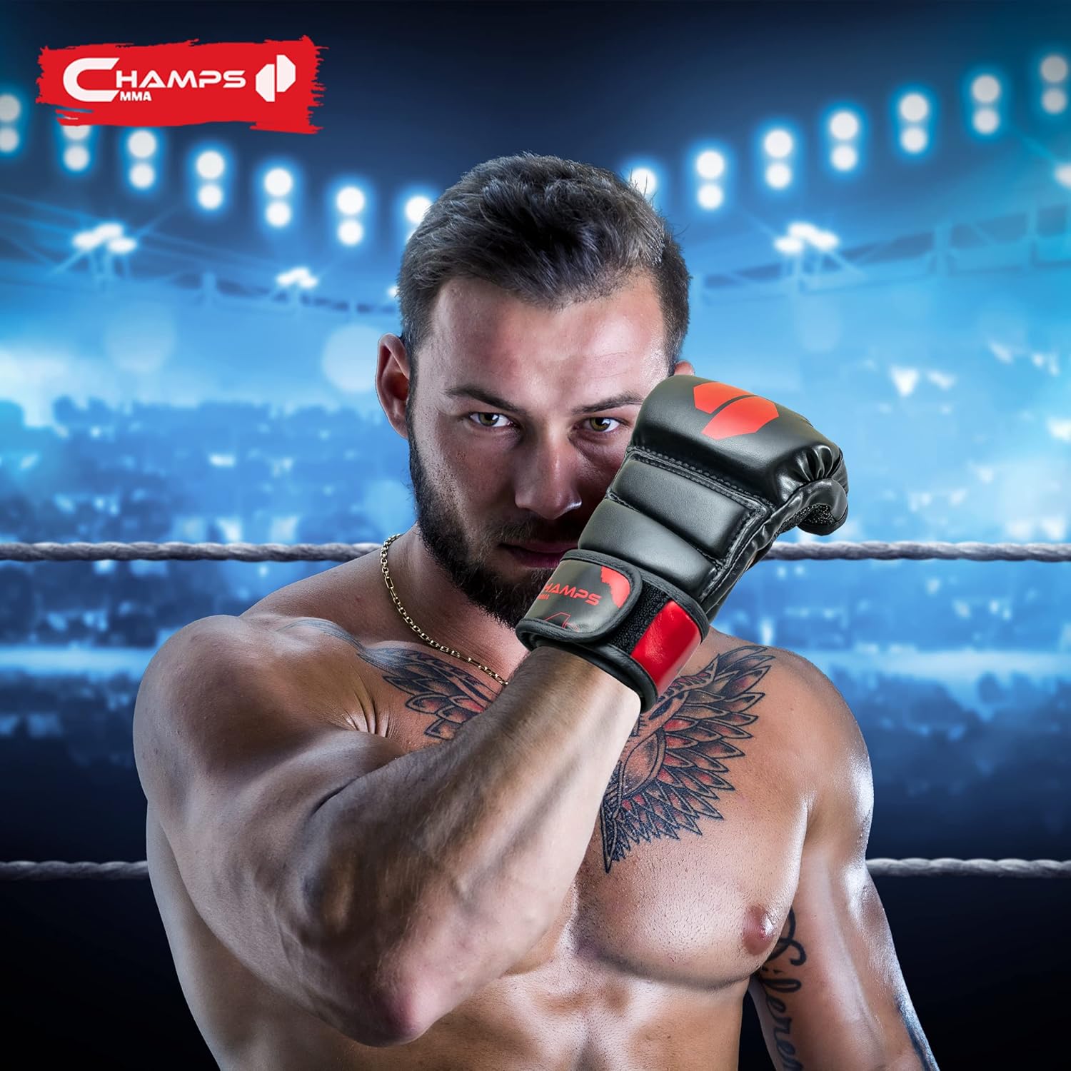 Champs MMA Guantes para hombres y mujeres, guantes UFC transpirables con soporte superior para la muñeca y absorción de impactos, guantes acolchados