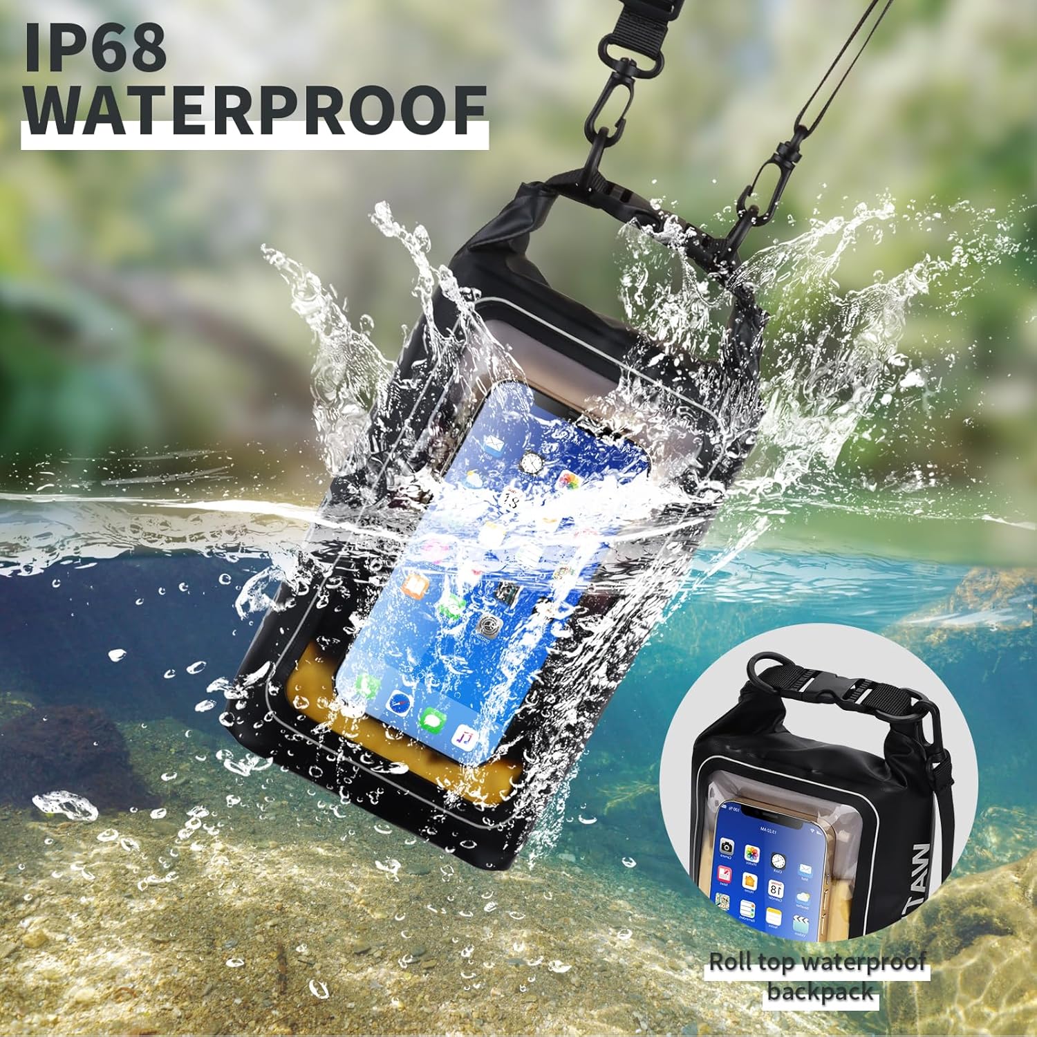 Bolsa seca impermeable IP68, 2L  Bolsa impermeable enrollable para piscina, bolsas secas para kayak resistente al agua con bolsa para teléfono,