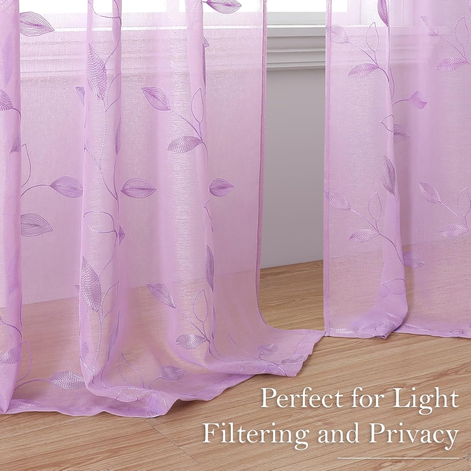 HOMEIDEAS Cortinas traslúcidas moradas de 52 x 96 pulgadas de largo, 2 paneles de cortinas bordadas moradas con patrón de hojas con bolsillo de lino