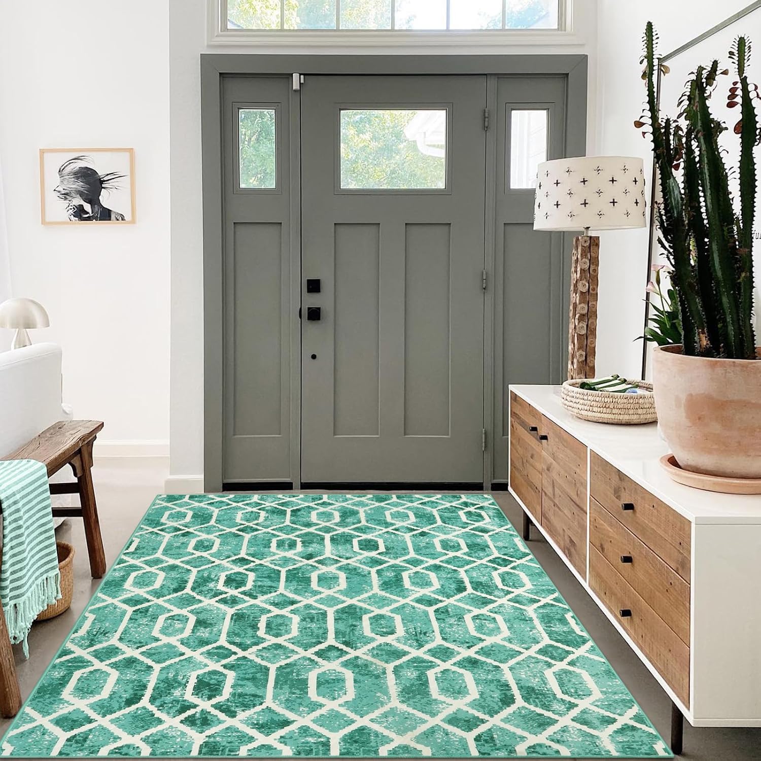 Lahome Alfombra de área lavable para dormitorio, alfombra verde para sala de estar, alfombra de 4 x 6 pies con enrejado geométrico, contemporánea,