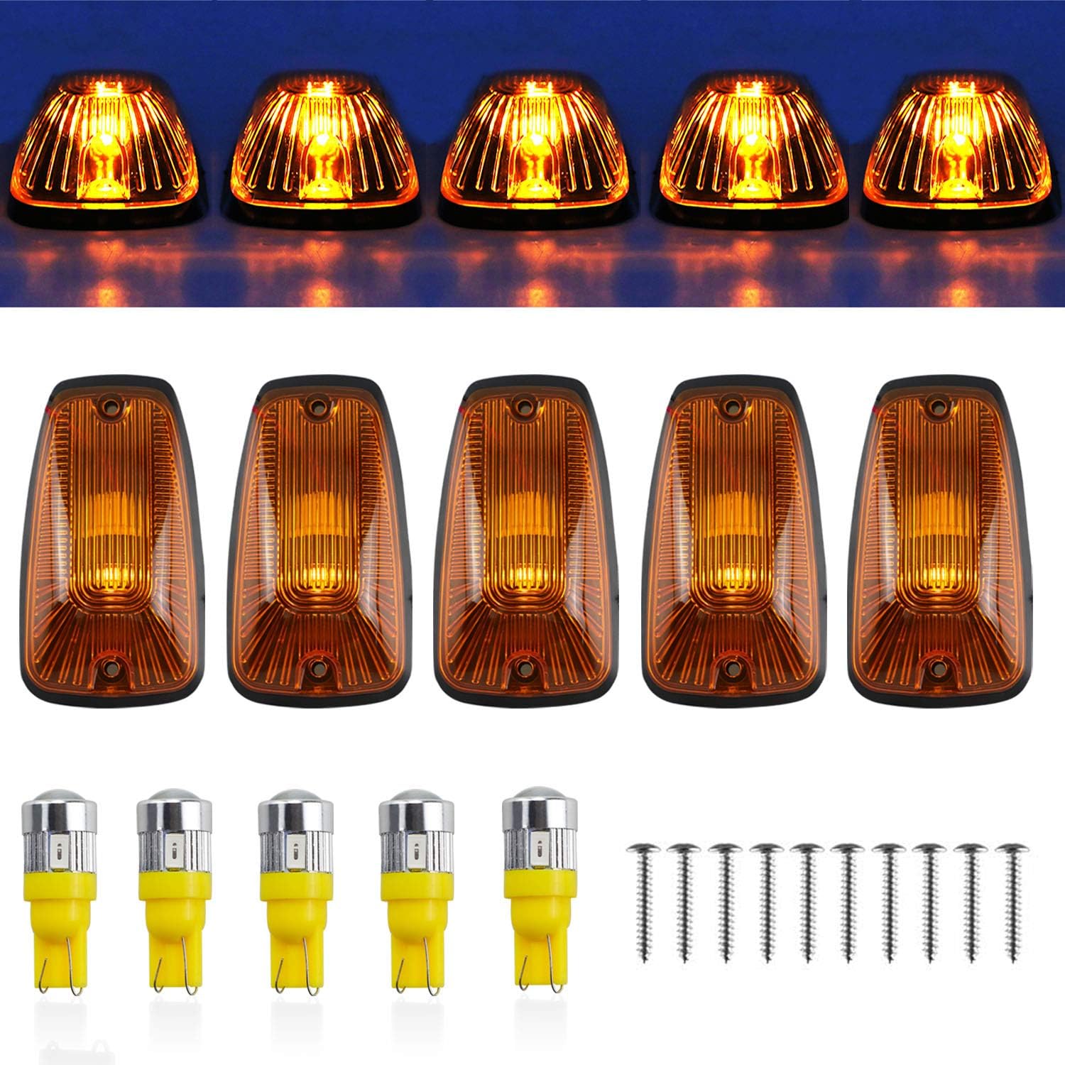 Cab Maker – Base de luz de techo + 5 bombillas LED ámbar T10 194 168 5050 para ChevyGMC C1500 C2500 C3500 K1500 K2500 K3500 1988-2000 camionetas