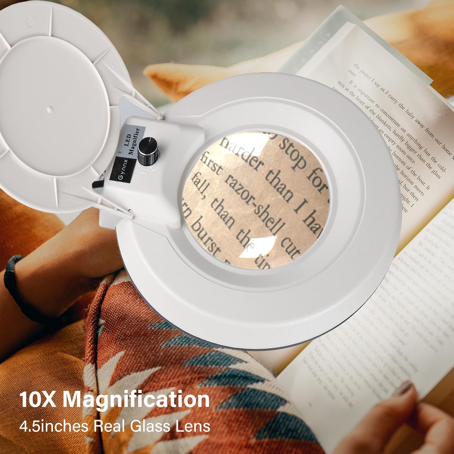 Gynnx Lámpara de aumento LED, lámpara de escritorio con lupa regulable 10X, lente de lupa de 5 pulgadas con 120 LED brillantes, base de soporte