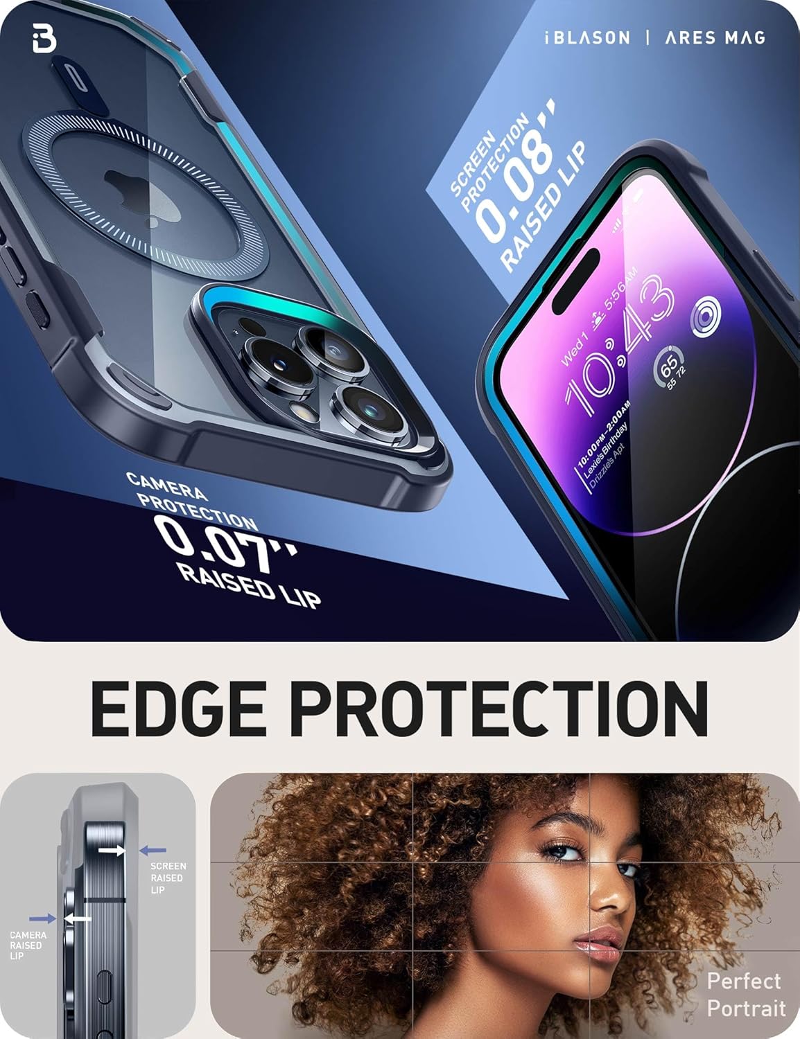 i-Blason Ares Mag – Funda para iPhone 15 Pro, compatible con MagSafe, funda transparente de doble capa con protector de pantalla integrado (azul