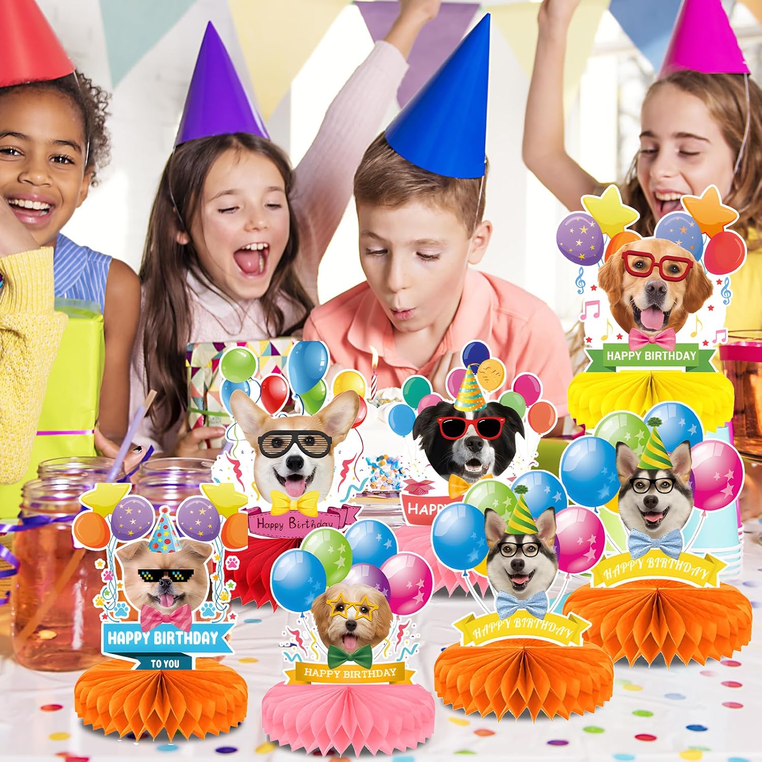 Decoraciones de fiesta de cumpleaños con temática de perro, 9 piezas, decoraciones de cumpleaños para perros, centros de mesa de panal para mesas,