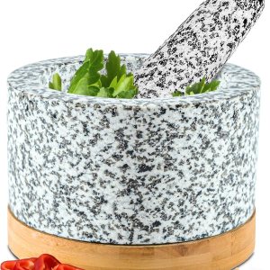 Juego de mortero y mortero de alta resistencia con base de bambú, 2 tazas grandes, mortero de granito 100% natural y cuenco de molinillo de piedra Juego de mortero y mortero de alta resistencia con base de bambú, 2 tazas grandes, mortero de granito 100% natural y cuenco de molinillo de piedra