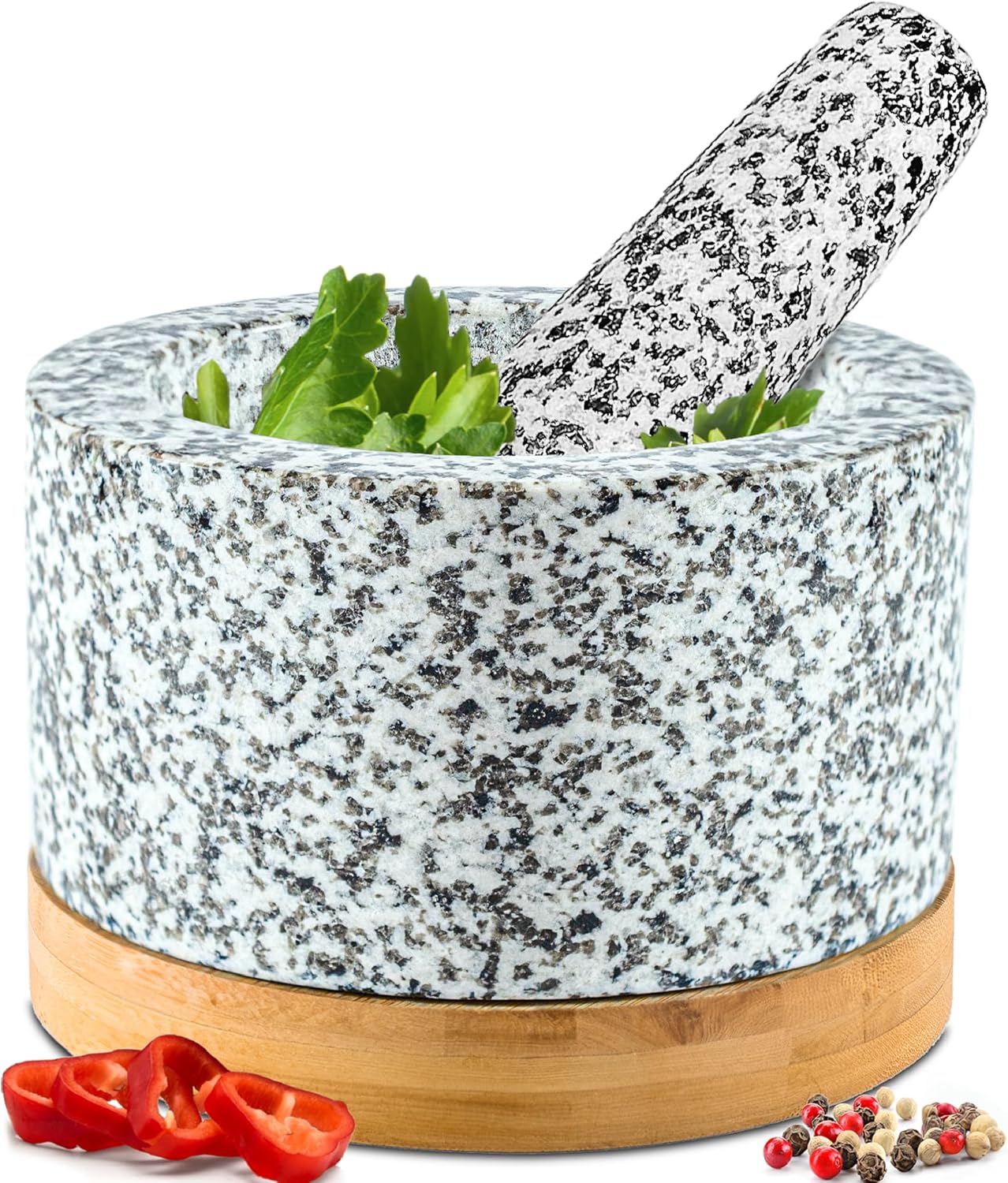 Juego de mortero y mortero de alta resistencia con base de bambú, 2 tazas grandes, mortero de granito 100% natural y cuenco de molinillo de piedra