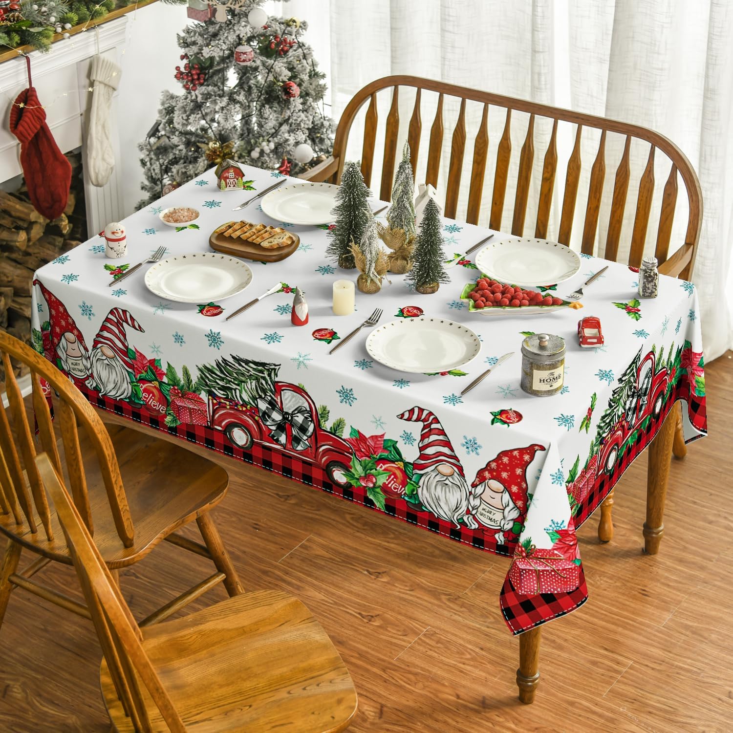 Horaldaily Mantel de Navidad rectangular de 60 x 120 pulgadas, regalo de camión de muñeco de nieve, cubierta de mesa lavable para decoración de