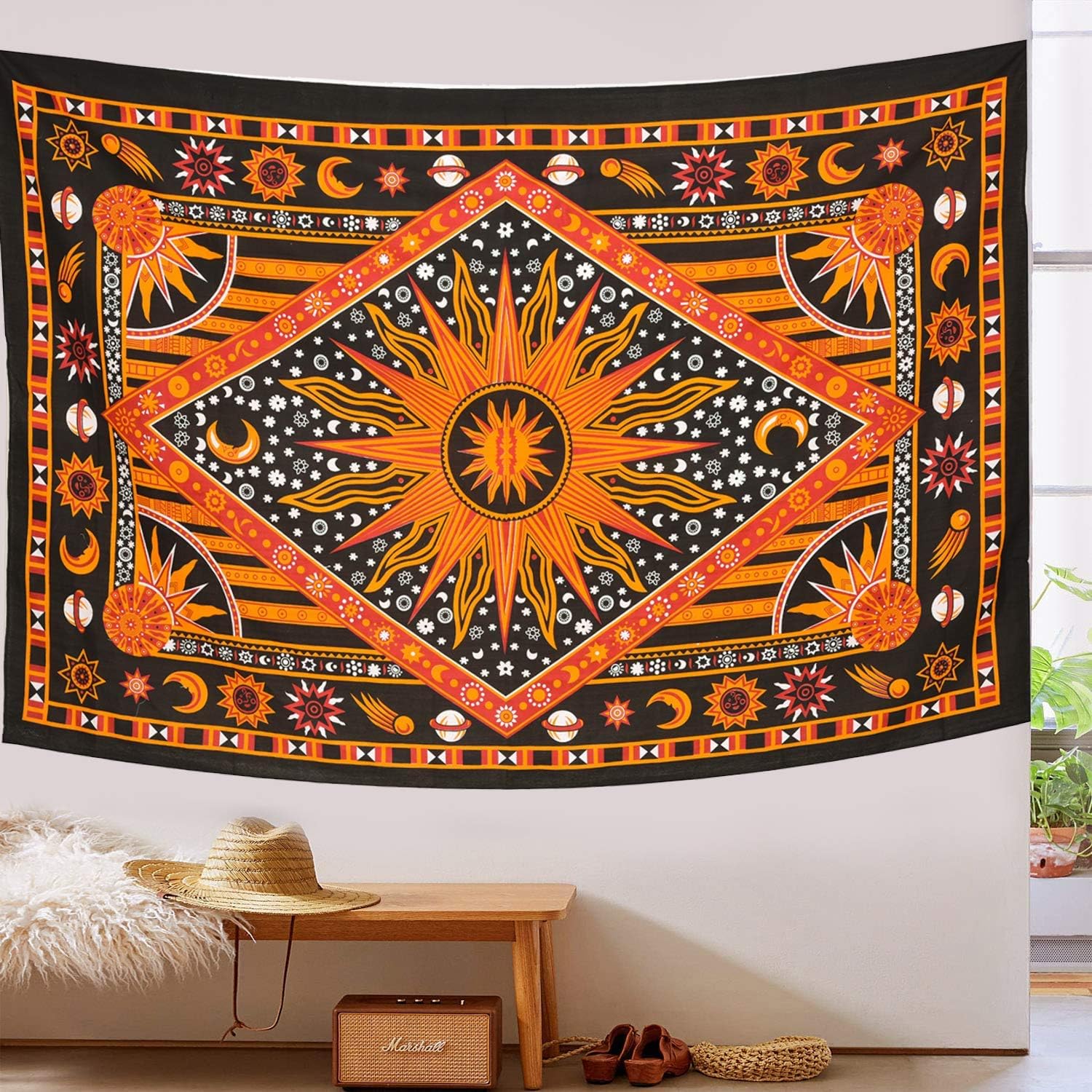 ANJANIYA – Tapiz teñido con amarres, diseño celestial de sol, luna, planeta, bohemio, para colgar en la pared, tapiz bohemio, hippie, playa colcha,