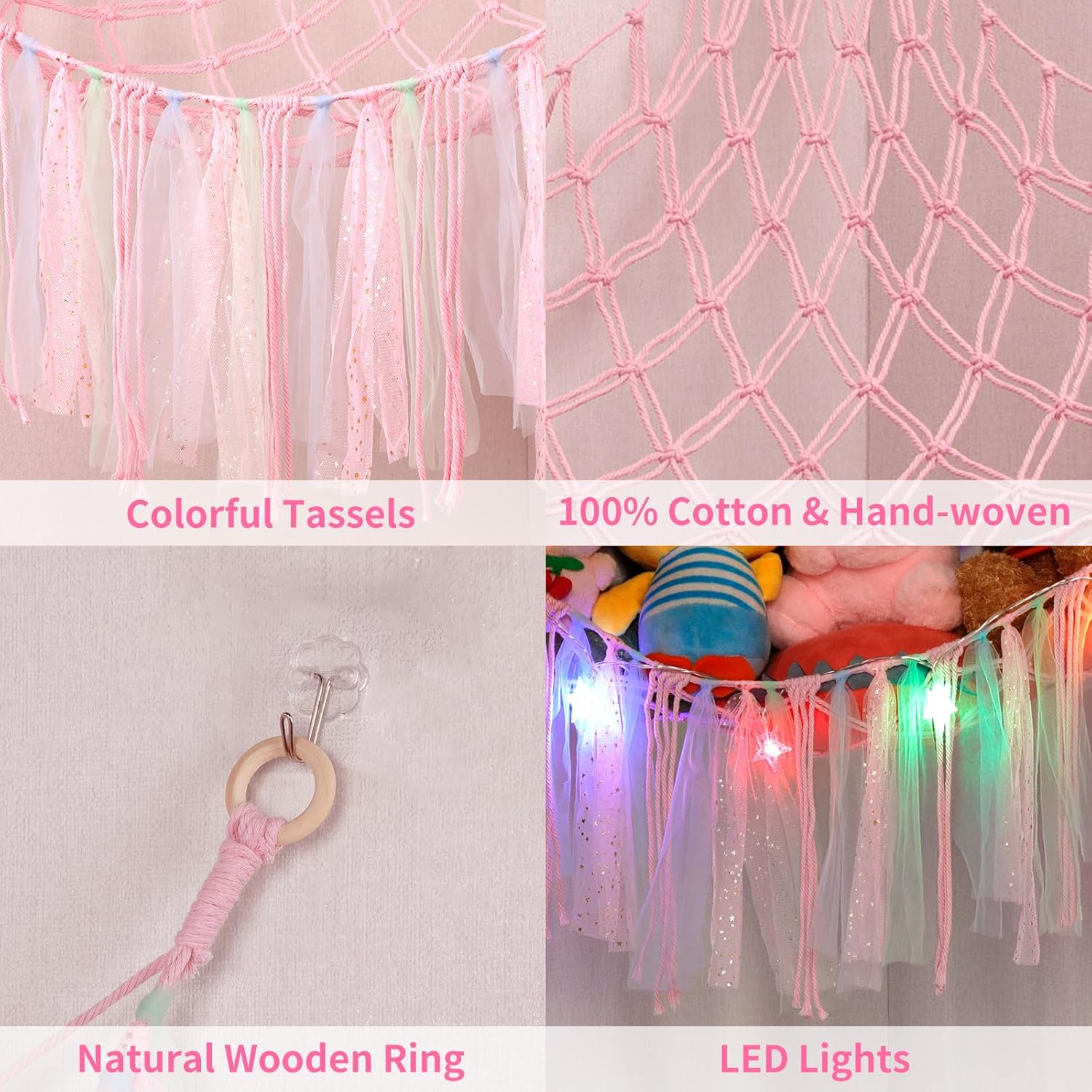 YELIENM Red de animales de peluche o hamaca con luz LED, red de hamaca de juguete de 59 pulgadas para animales de peluche, para colgar en la