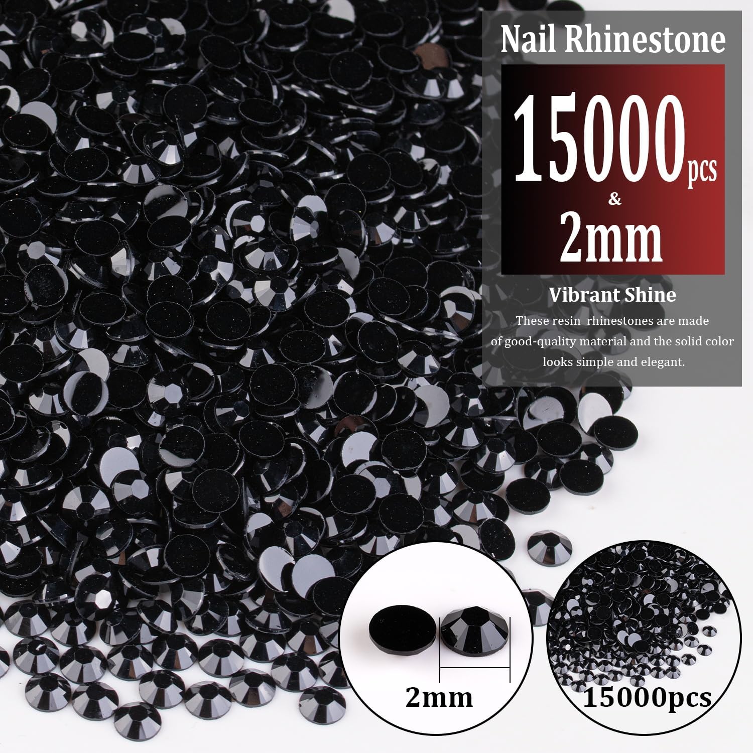15000 diamantes de imitación de resina de 0.079 pulgadas a granel, diamantes de imitación de gelatina redondos negros con parte trasera plana, gemas