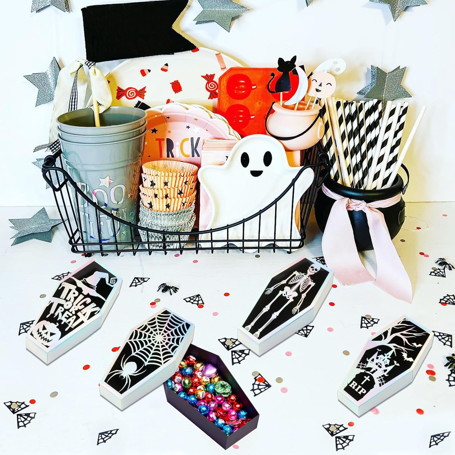 Kreatwow 12 cajas de regalo de ataúd de Halloween para Halloween, lápida láser azul, cajas de regalo de bricolaje, cráneo, araña, truco o trato,