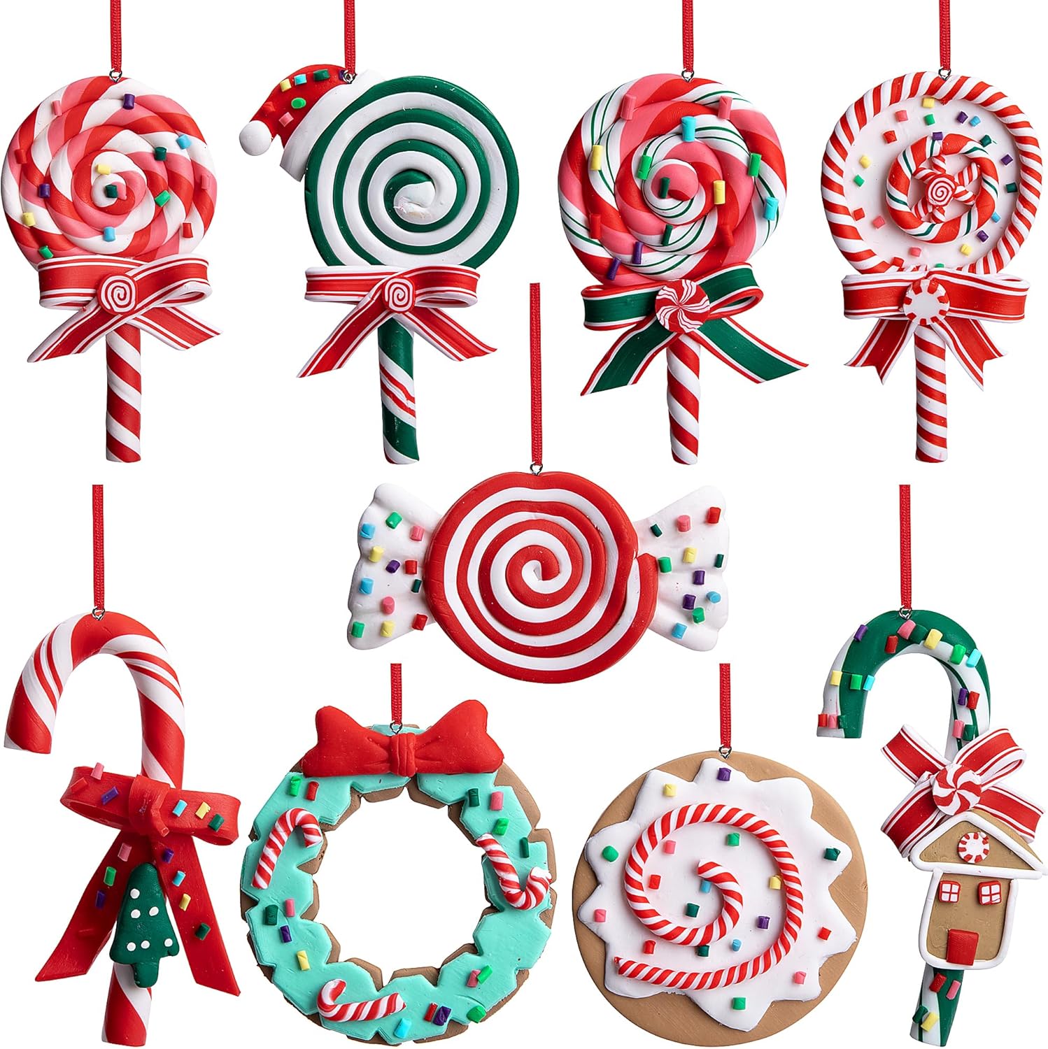 9 adornos de piruleta de Navidad, adornos de arcilla polimérica de caramelos de Navidad, decoración de Navidad, decoración colgante de bastón de