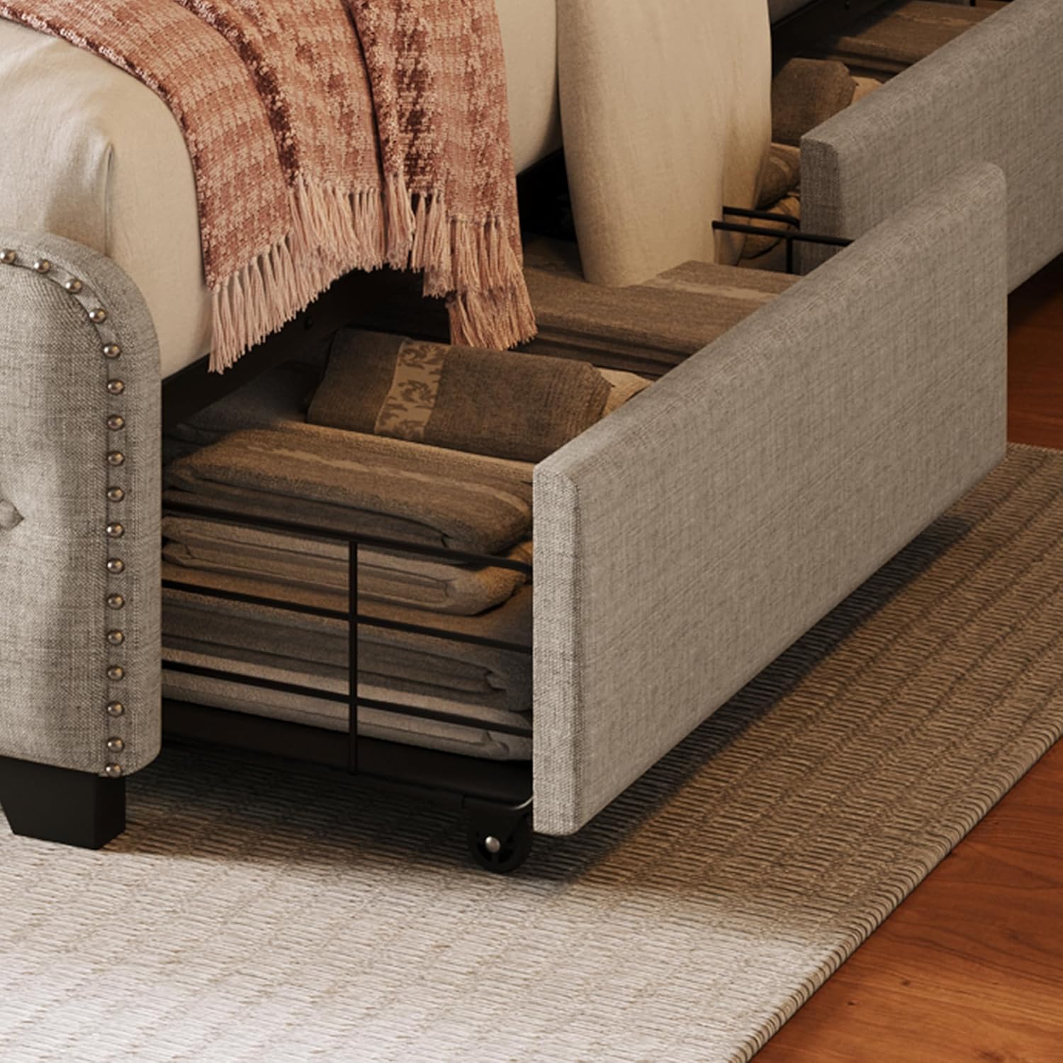Bellemave Base de cama de plataforma completa con 4 cajones de almacenamiento y cabecero y estribo con botones, soporte de metal resistente, no