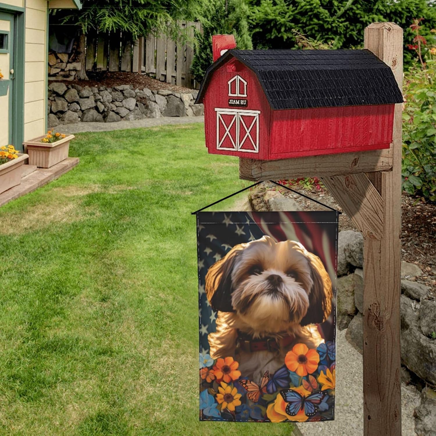 Bandera de jardín Shih Tzu Dogs – Bandera de Estados Unidos con diseño de girasol, 12 x 18 pulgadas, doble cara, decoración de patio al aire libre