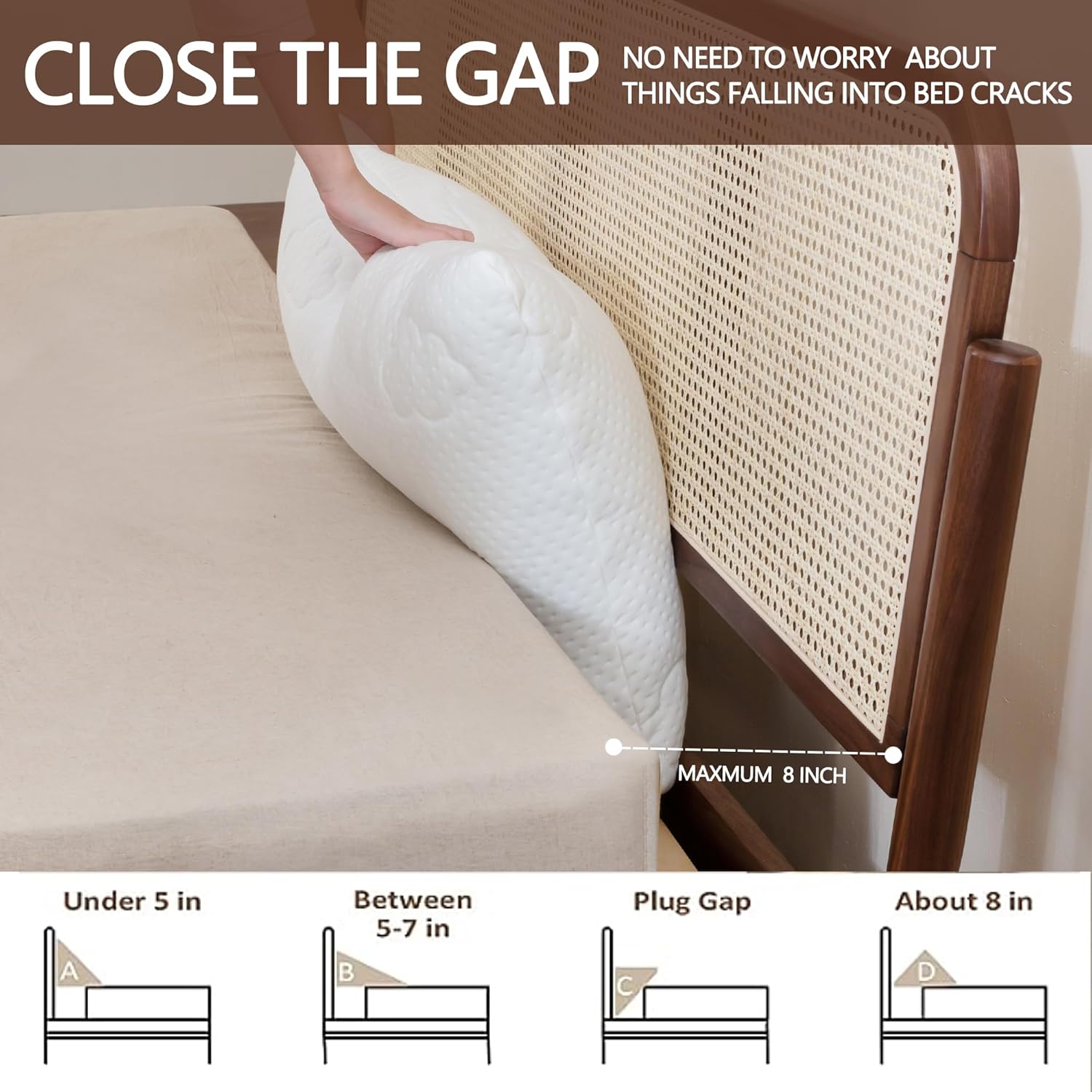 Almohada de cuña de cama, almohada de cabecero, cuña de colchón, cierra el espacio (0-8 pulgadas) entre tu colchón y cabecero, relleno de espacio de