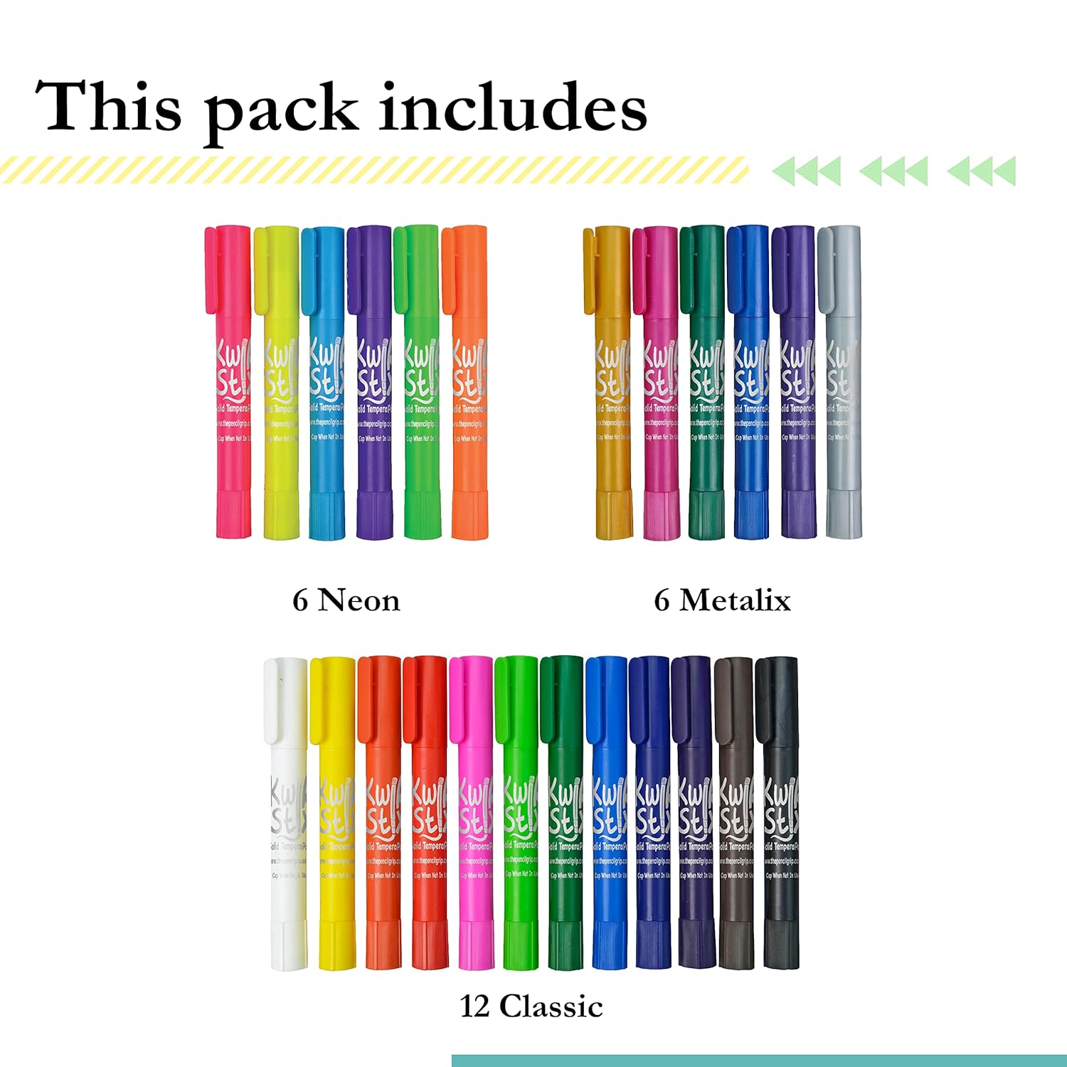 The Pencil Grip Kwik Stix – Pinturas de témpera sólidas, bolígrafos de pintura Stix finos, secado súper rápido, 6 neón, 6 metales y 12 colores