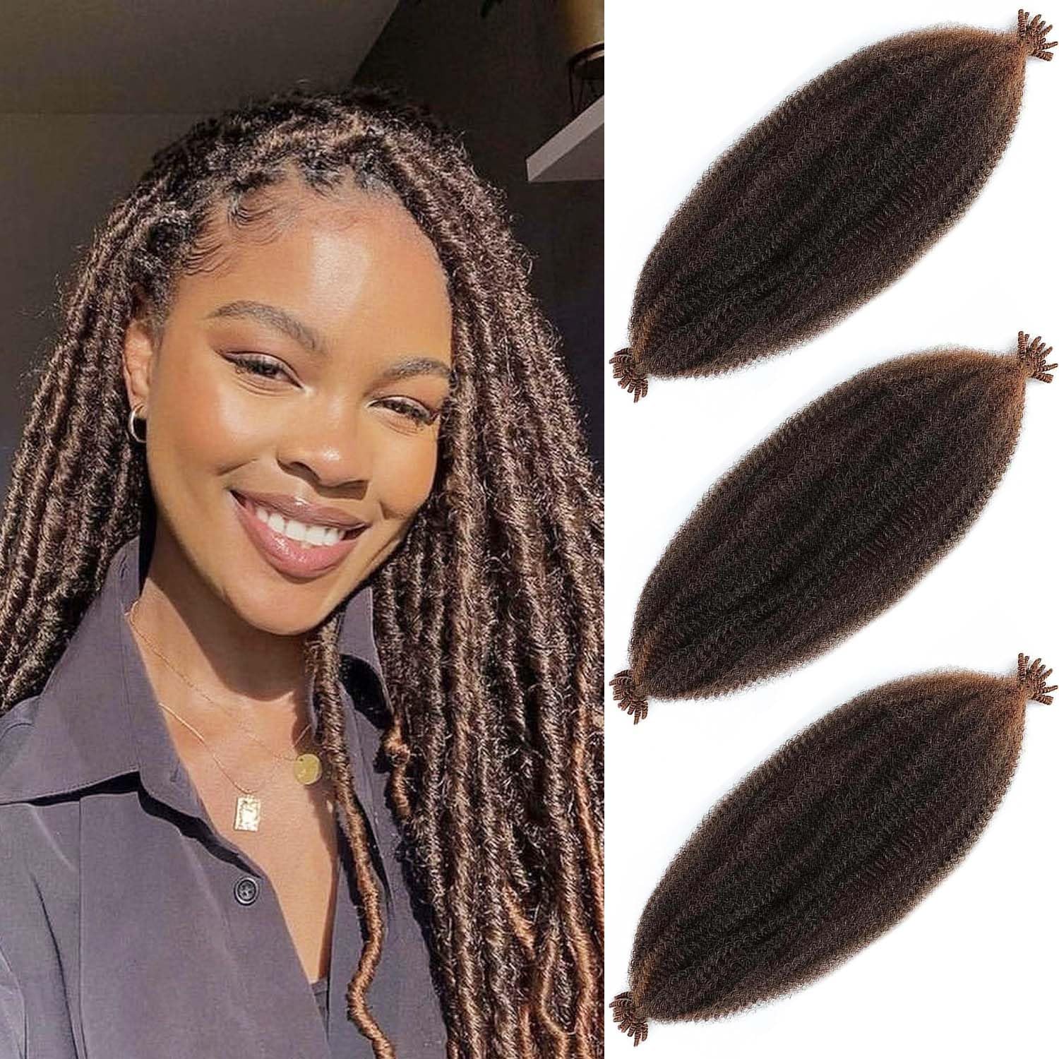 Cabello afro Twist marrón oscuro de 16 pulgadas, 3 paquetes de cabello afro trenzado T30 preesponjado, cabello afro Twist para rizos suaves (16