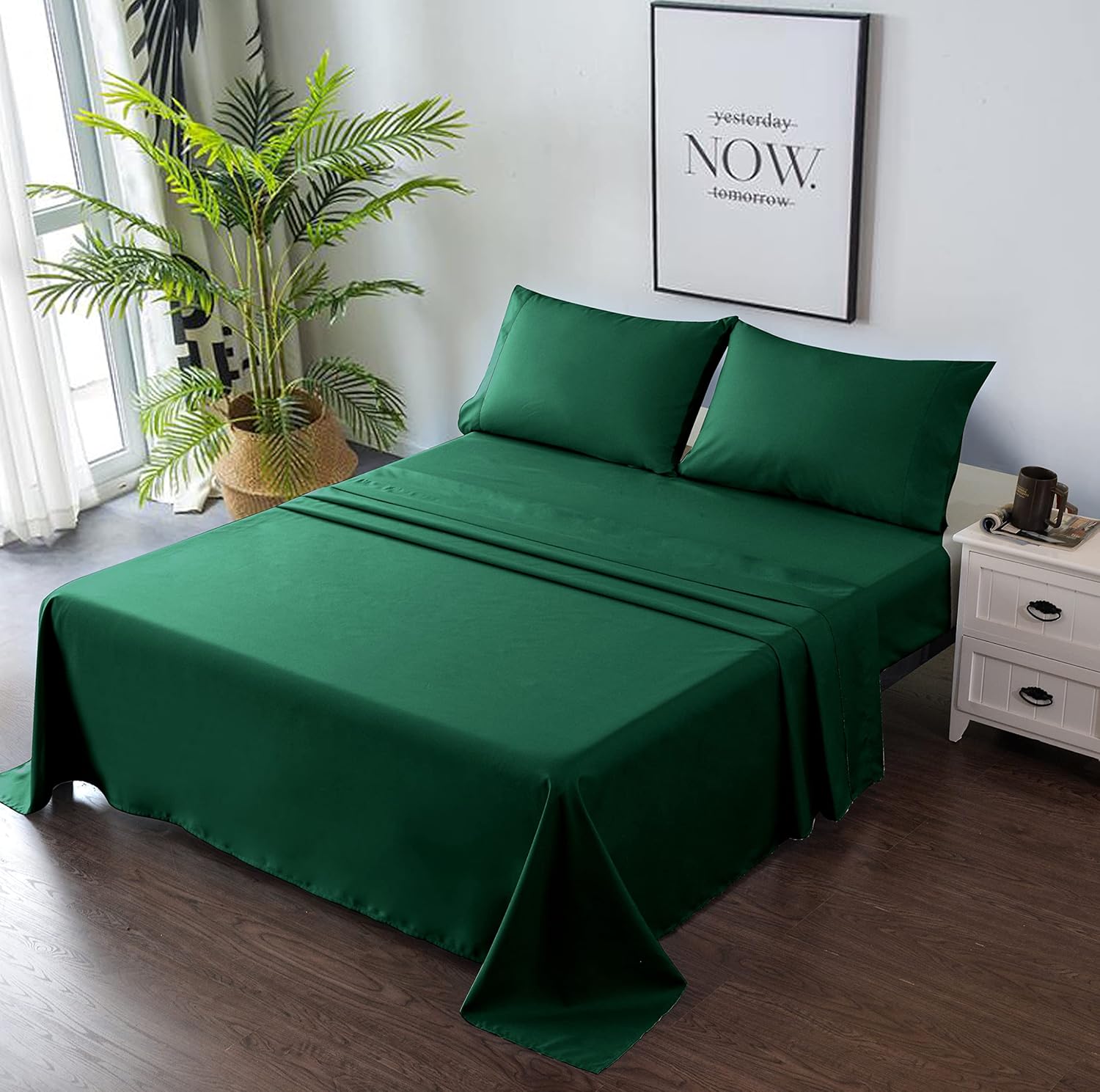Juego de sábanas prémium de 4 piezas color verde cazador de 16 pulgadas de profundidad suave al tacto, plano, ajustado, fundas de almohada (Queen)