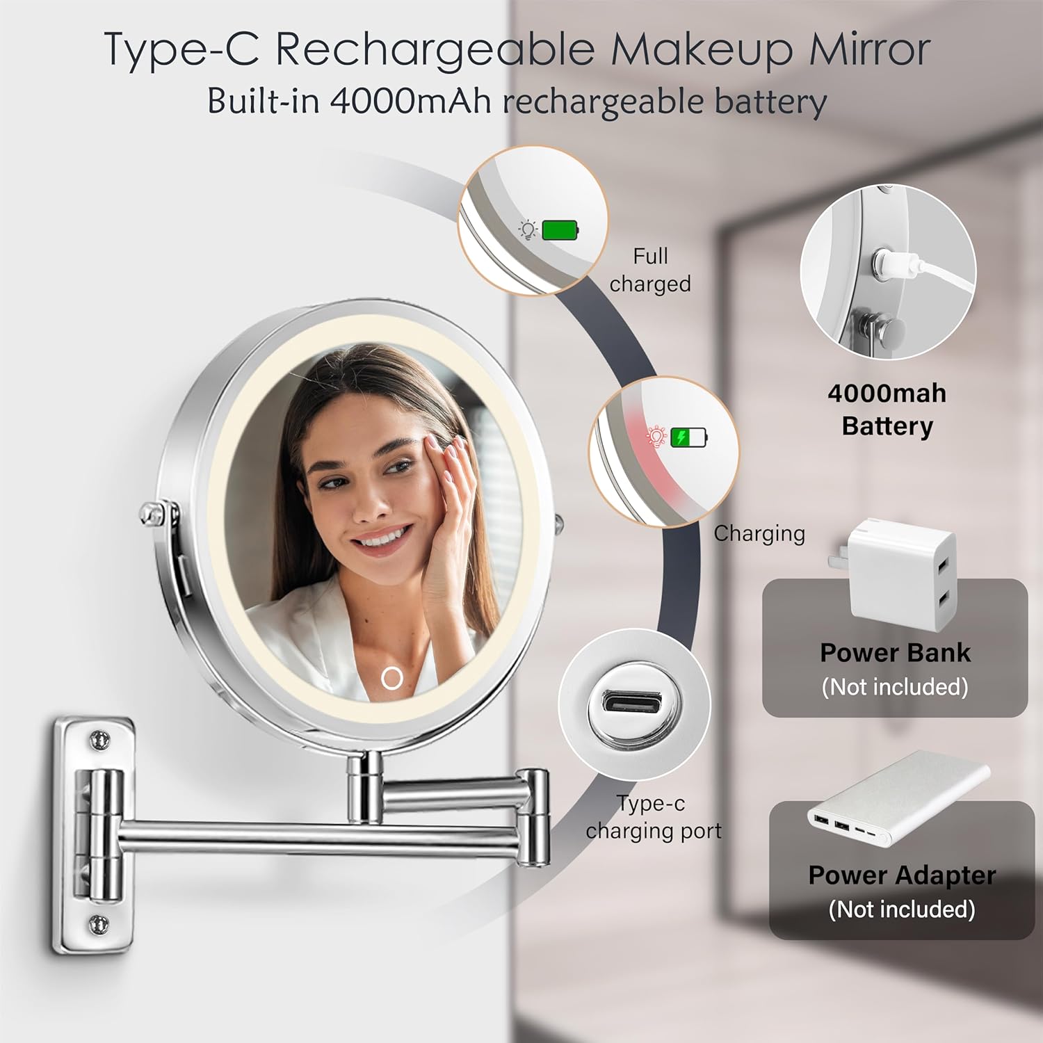 VESAUR Espejo de maquillaje recargable de 9 pulgadas, espejo de tocador de aumento de doble cara 1X10X con 3 colores, brillo ajustable, espejo de