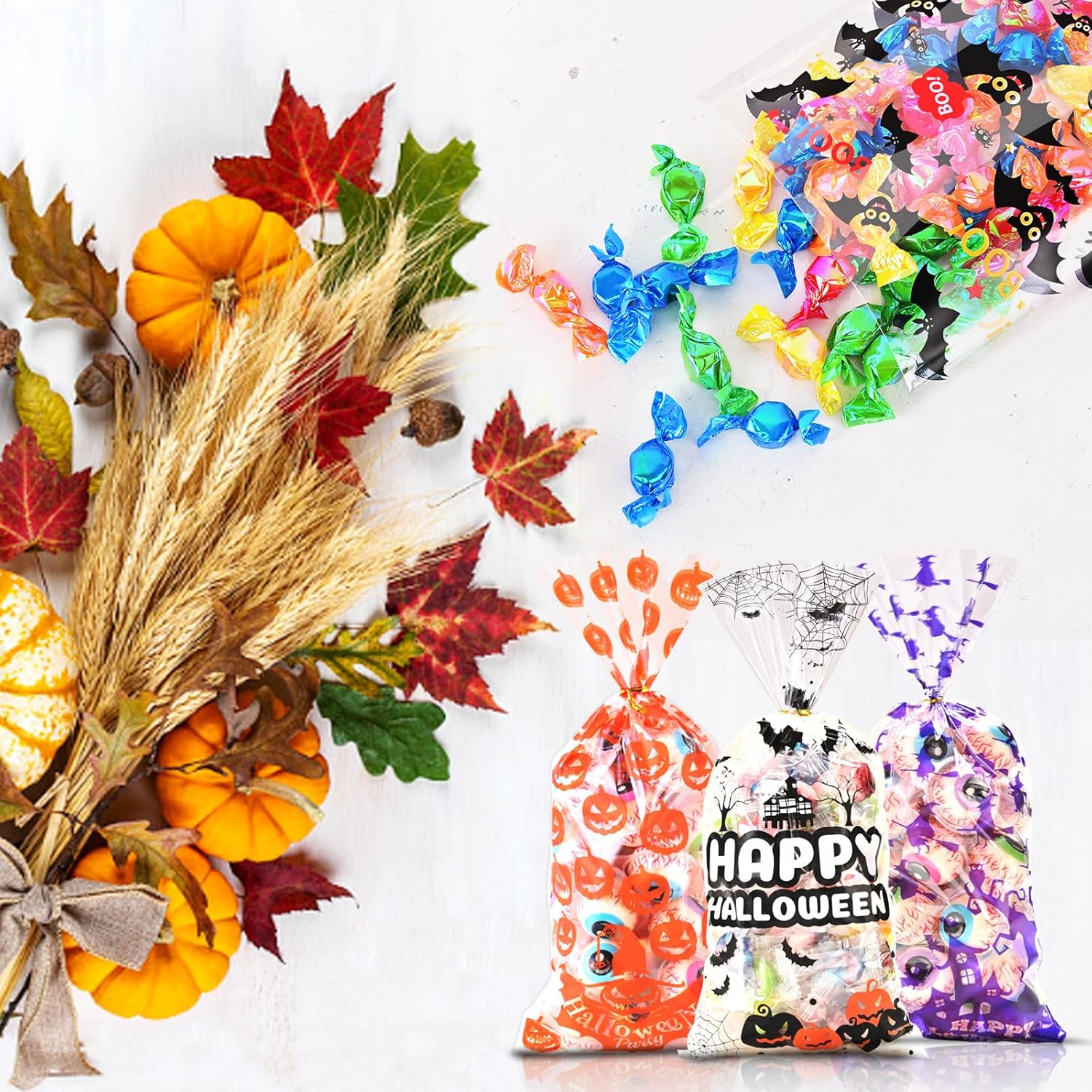 AhfuLife 200 bolsas de celofán de Halloween, 8 diseños de bolsas de dulces transparentes de Halloween para golosinas o tratos, bolsas de golosinas