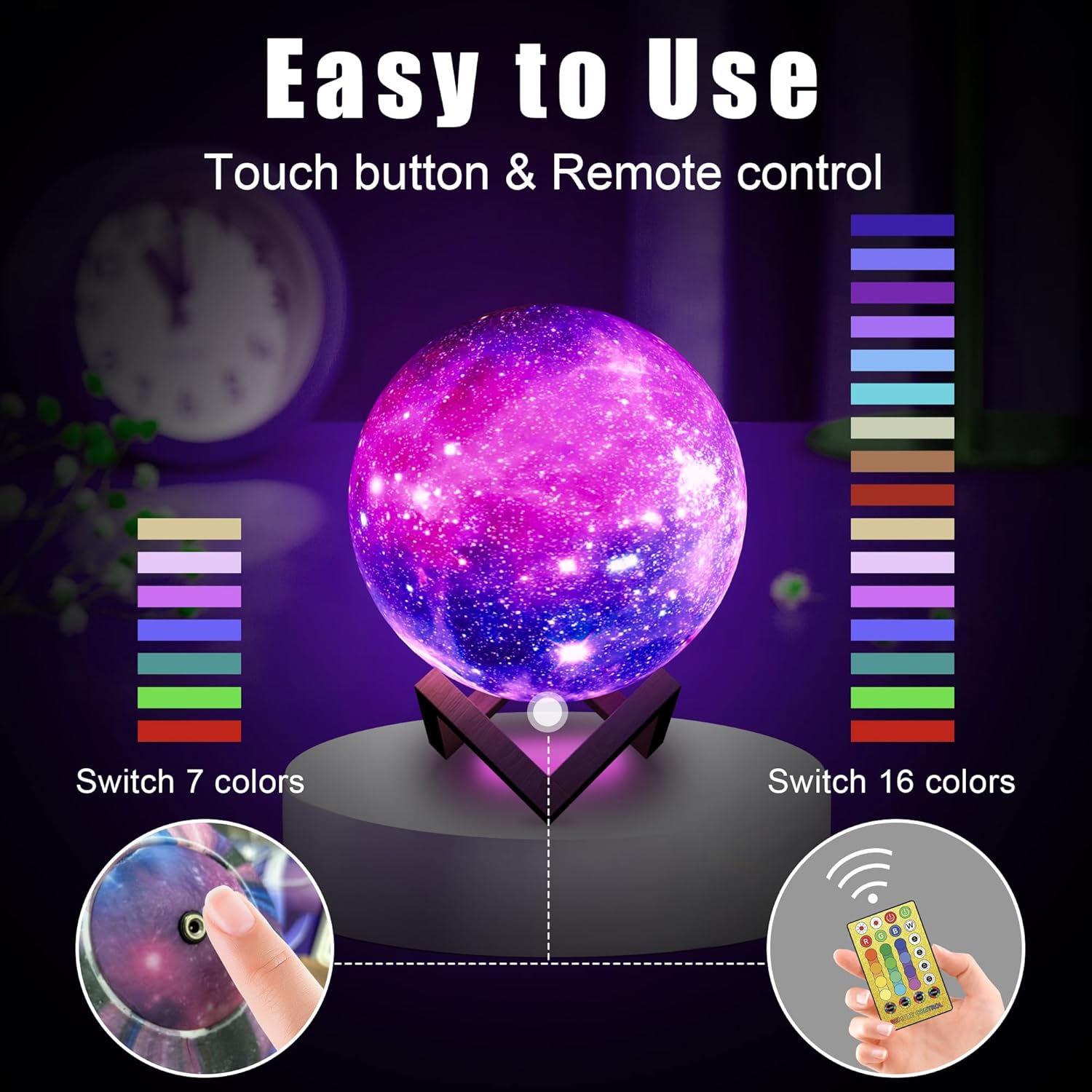 Eueasy Lámpara de luna galaxia de 5.9 pulgadas, 16 colores, luz nocturna 3D para niños, luz de luna con control remoto y función de temporizador de