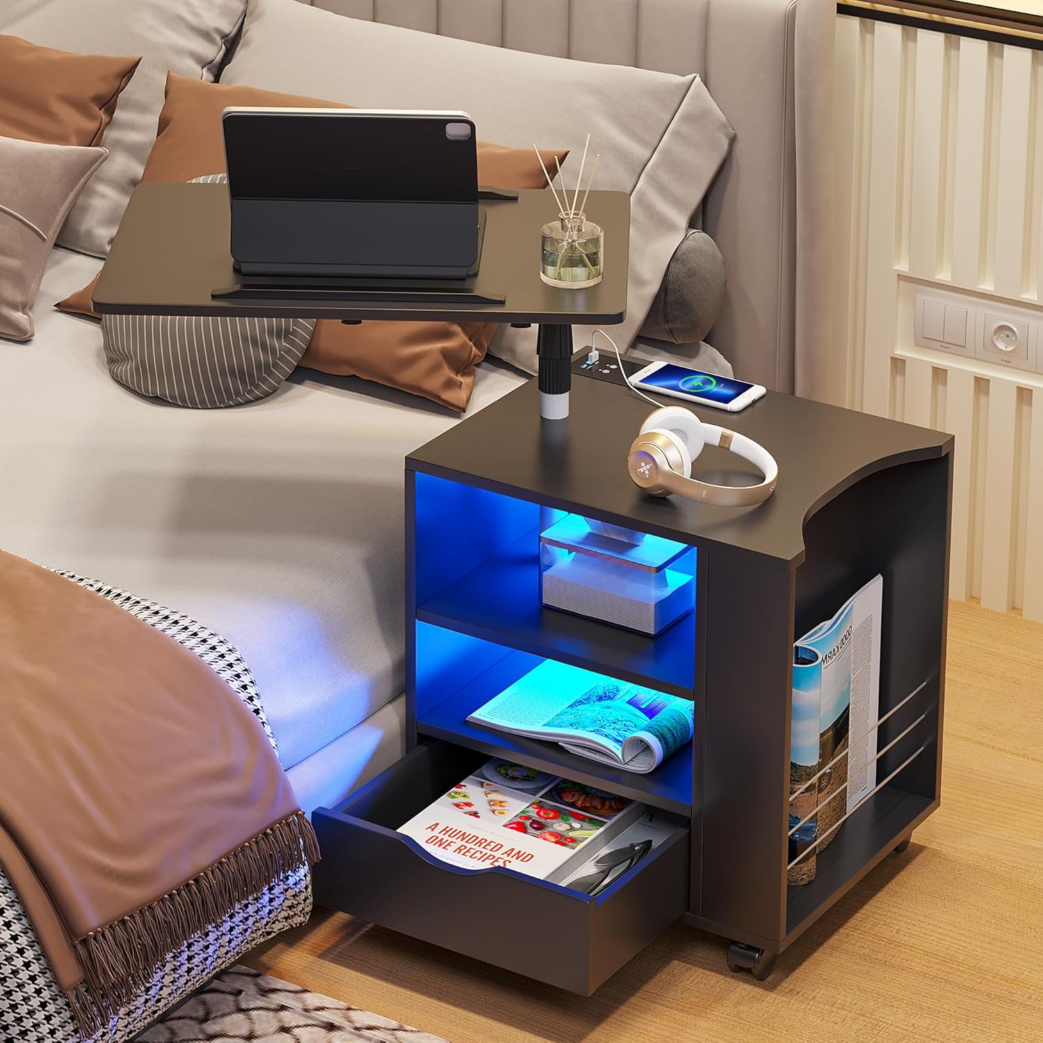 HNEBC Mesita de noche LED con estación de carga inalámbrica, mesita de noche con mesa giratoria ajustable, mesitas de noche con un cajón y 2