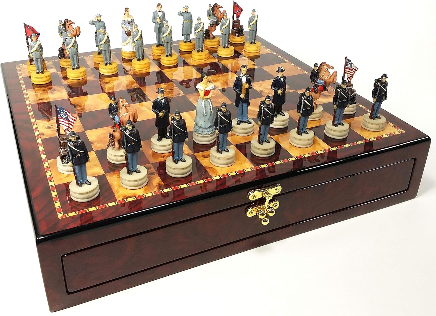 Juego de ajedrez de reinas de la guerra civil estadounidense con tablero de almacenamiento de color cereza y Burlwood de 17 pulgadas de alto brillo
