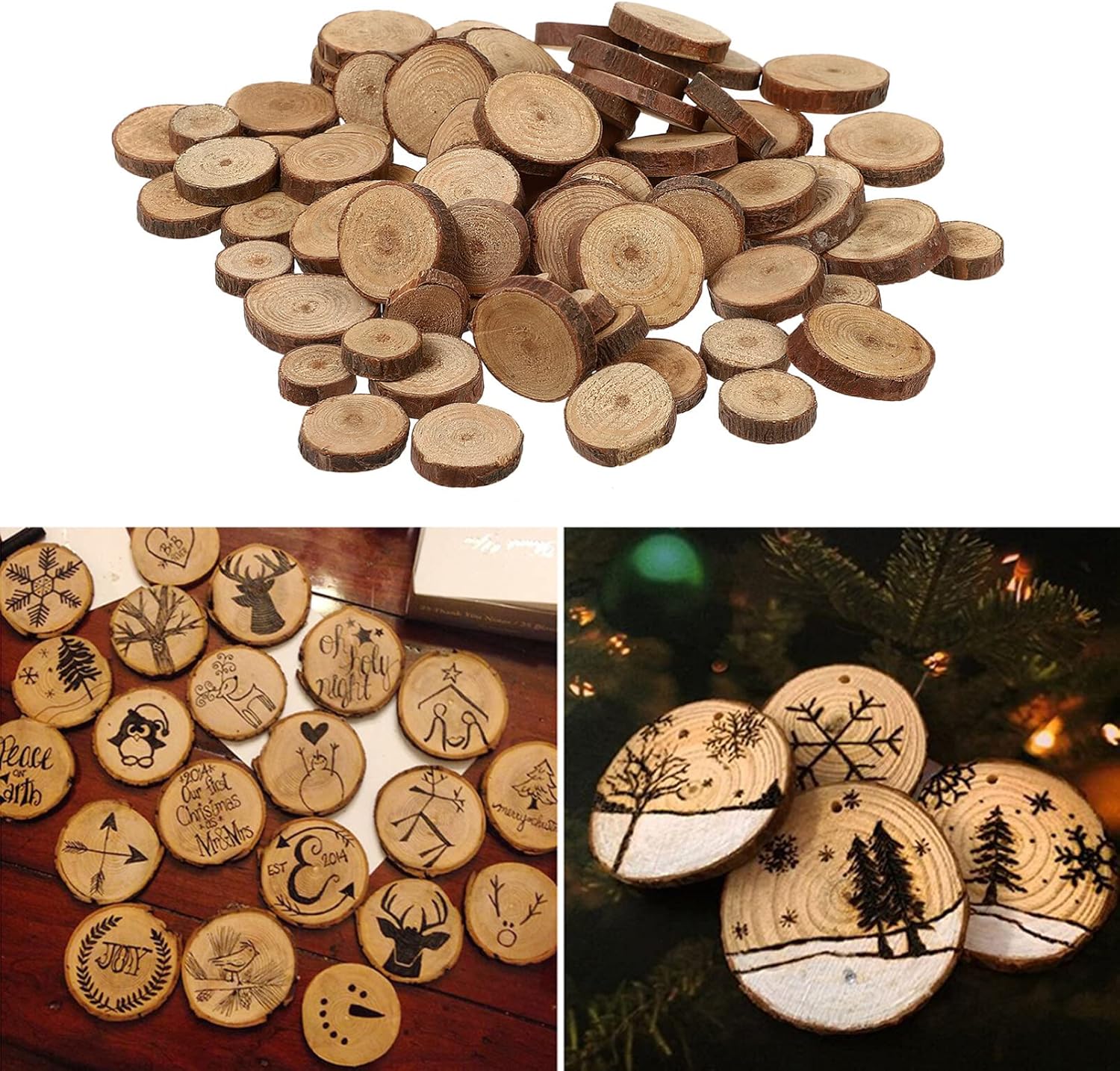 IMIKEYA 100 discos de madera de 0.6-1.2 in, rebanadas de madera sin terminar, para manualidades, rebanadas de madera en blanco para Navidad, boda,