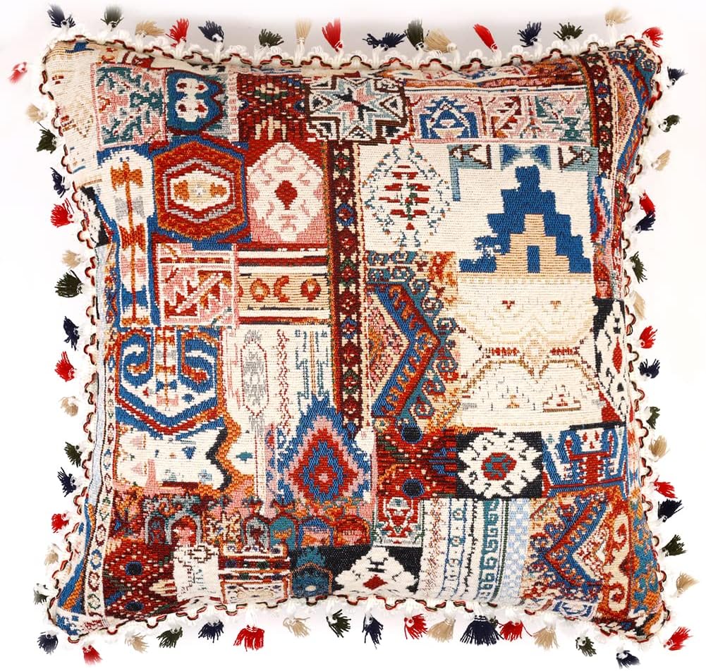 Yeiotsy Funda de almohada decorativa bohemia con borlas, funda de almohada bohemia colorida para sofá cama, decoración del hogar (18 x 18 pulgadas,