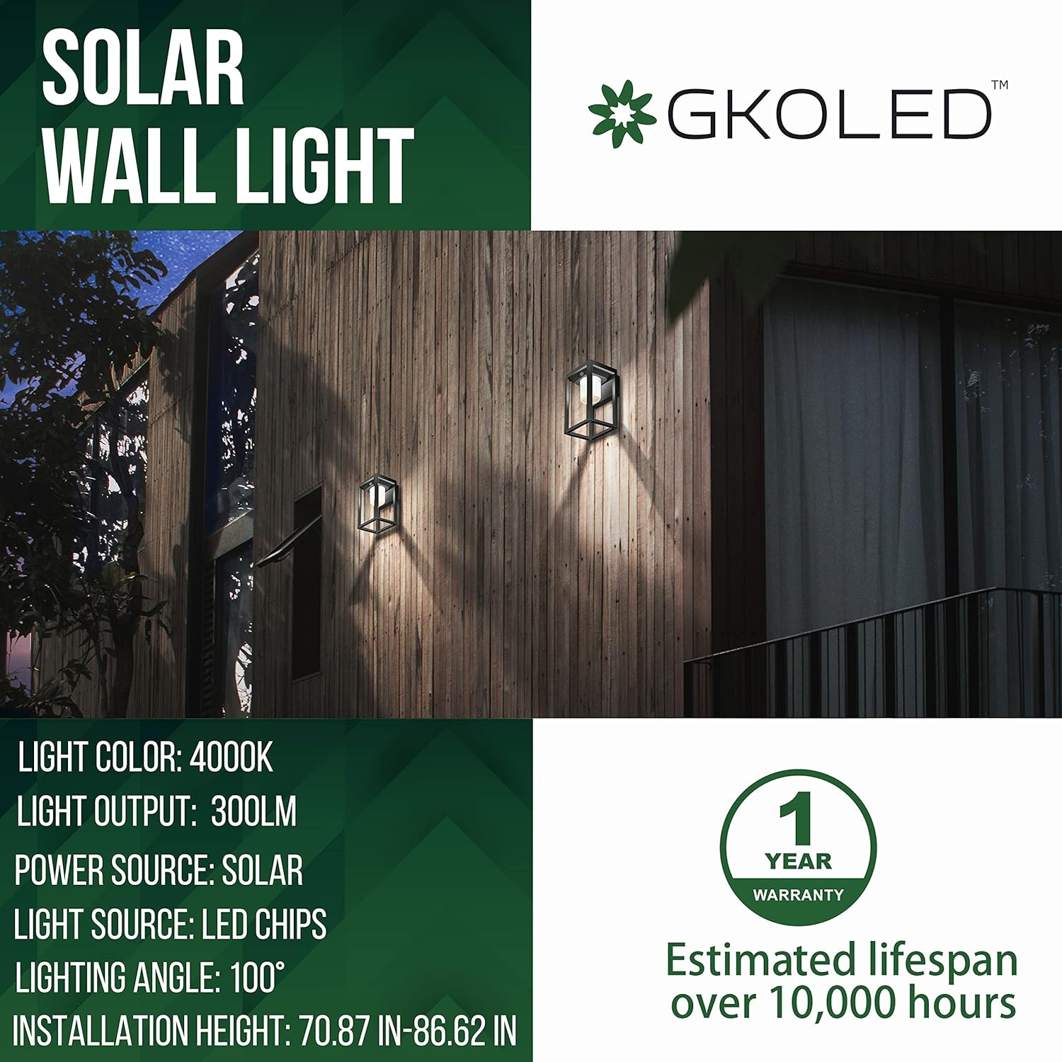 GKOLED Aplique solar de pared, luz de montaje en pared con sensor de movimiento al aire libre, 300LM 4000K LED, luces solares de pared del atardecer