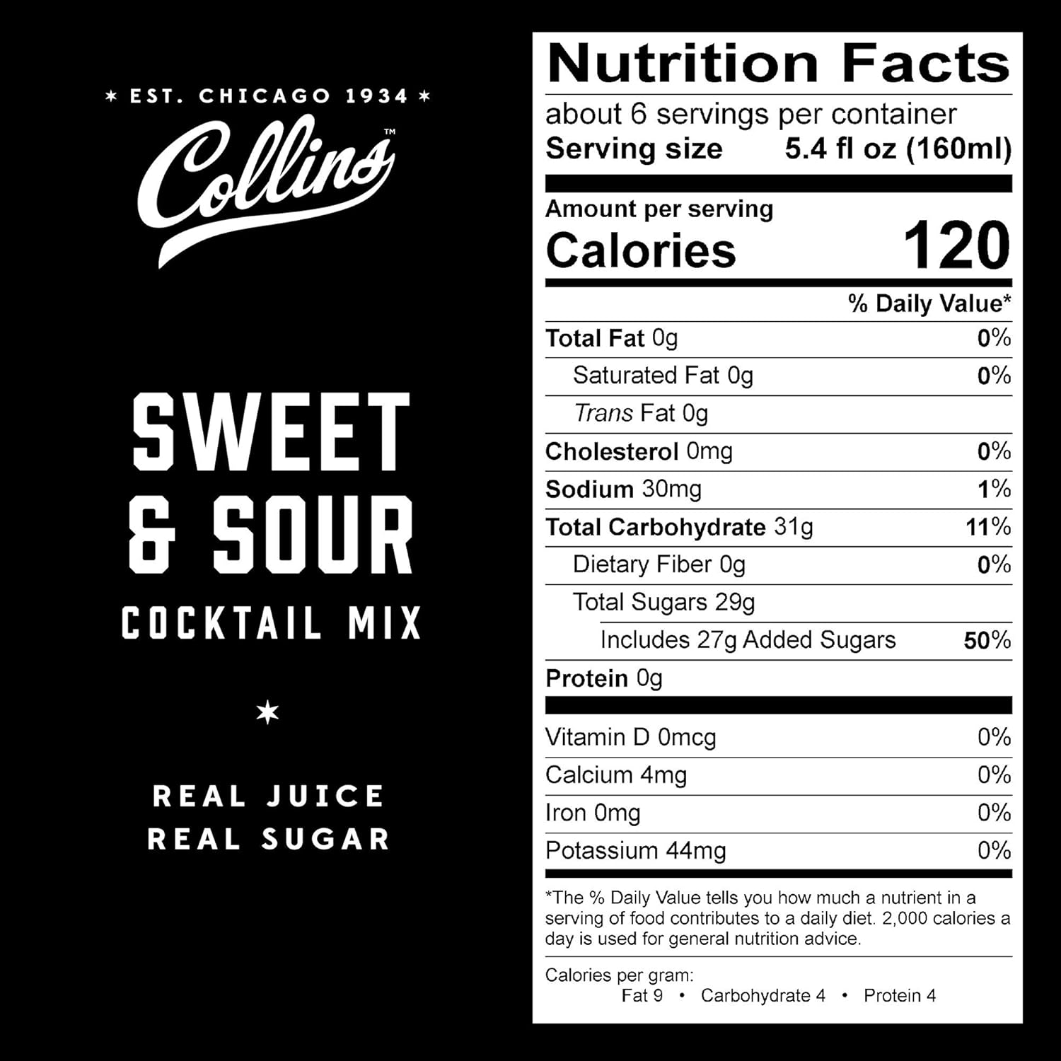 Collins Mezcla agridulce, hecha con jugo de naranja real y limón, ingrediente clásico de la receta de cóctel, 32 onzas líquidas