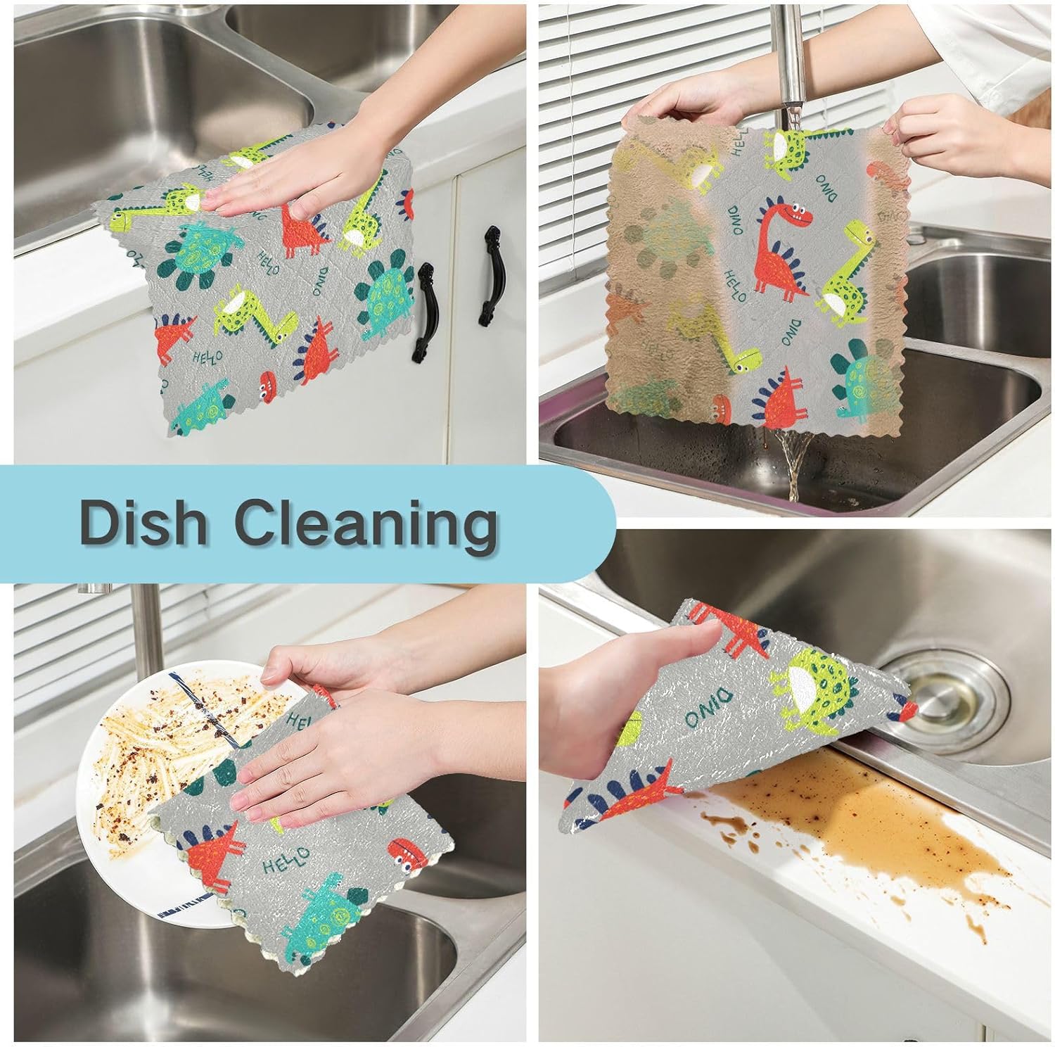 Cute Dinosaur Colorful Soft Print Kitchen Microfiber Towels Absorbent 6 Pack Cooking Towels for Restaurant Table