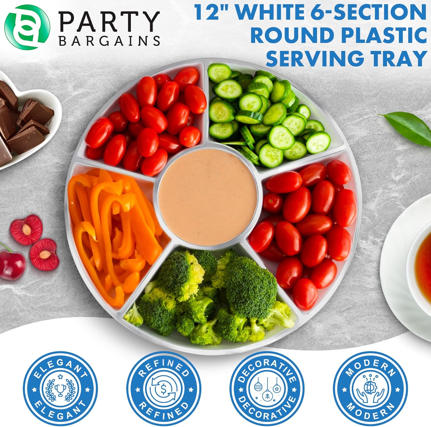 PARTY BARGAINS Bandeja redonda de plástico de 6 secciones, 12 pulgadas, color blanco con borde plateado, paquete de 1, platos reutilizables para